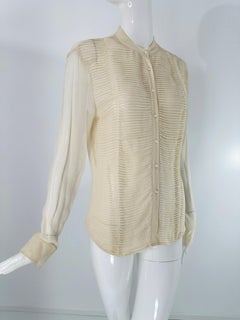 Anne Klein Vintage Sheer Champagne Silk Chiffon Blouse with a Pleated Bodice
