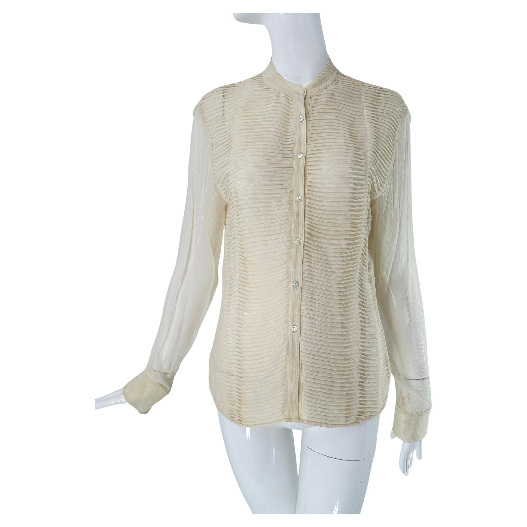 Anne Klein Vintage Sheer Champagne Silk Chiffon Blouse with a Pleated Bodice For Sale