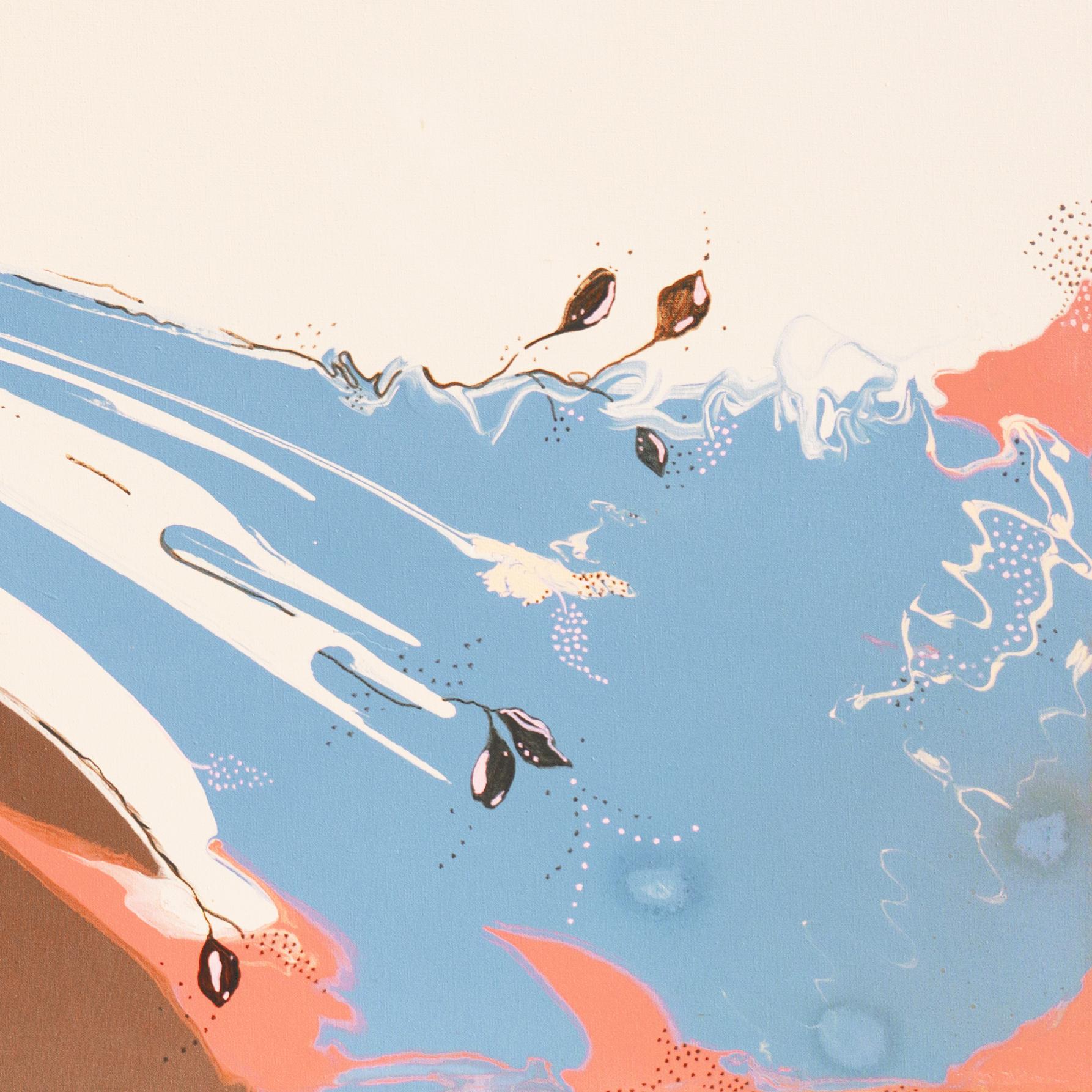 Painted by Anne Kramer (American, 20th century) circa 1985, stamped verso and accompanied by Certificate of Authenticity.

A very substantial and period, American School abstract comprising contiguous and overlapping liquid forms in elegantly muted