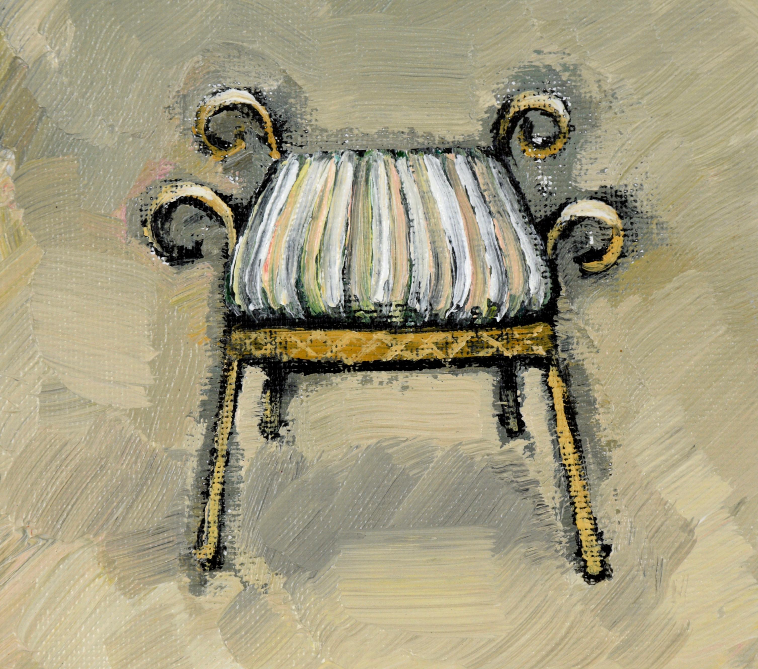 Small, detailed still life of an empire chair by Anne Kuest (American, b. 1965). This piece is executed with thick paint, showcasing the confident brushstrokes of the artist. In some areas, the paint has been skillfully blended on the canvas,