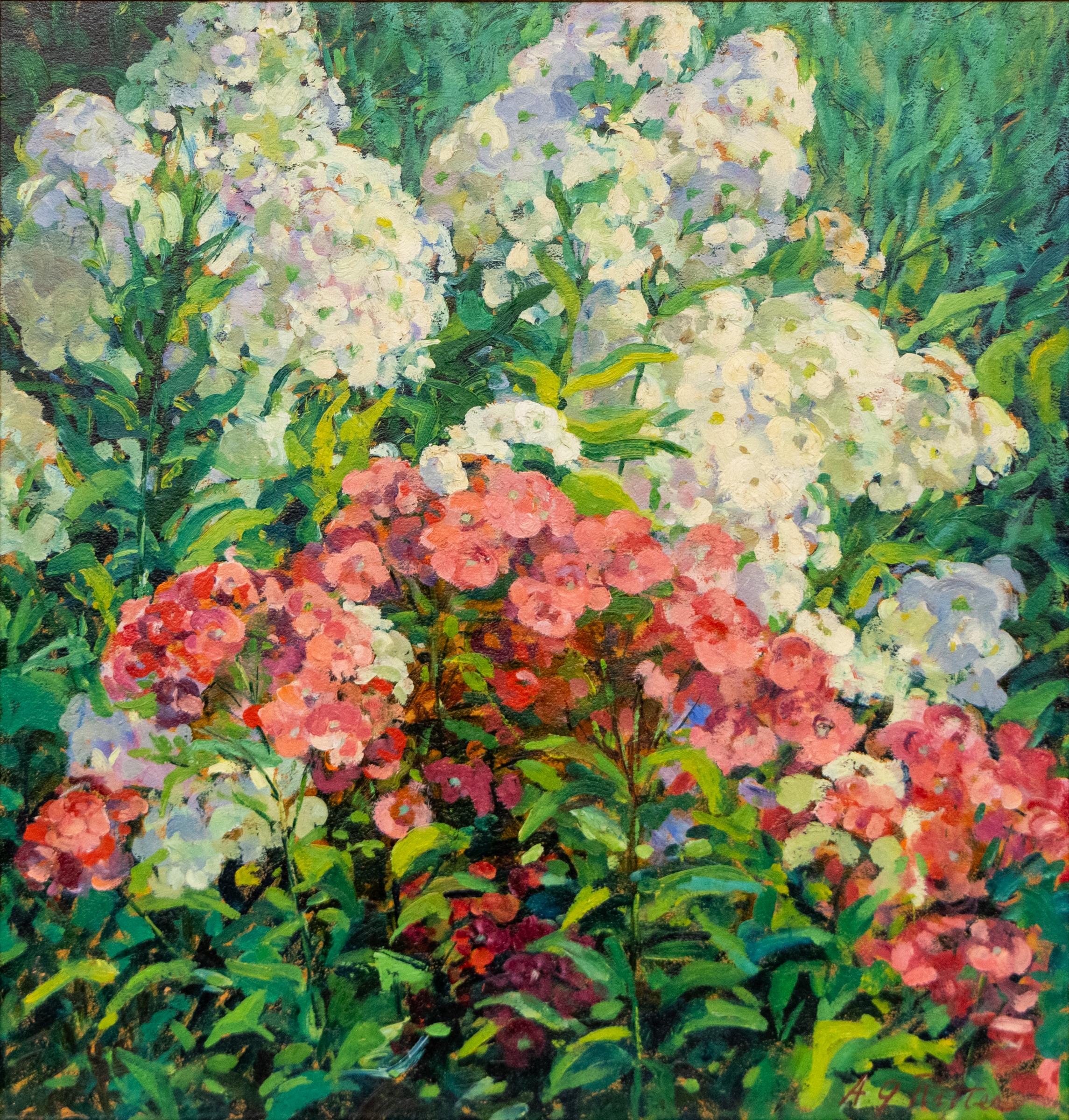 Original oil on canvas circa 1920 floral still life by American artist Anne Lawrence Gregory Ritter (1868–1929), celebrated for her luminous compositions and mastery of color. This vibrant painting, No. 2 White and Pink Phlox, showcases a lush