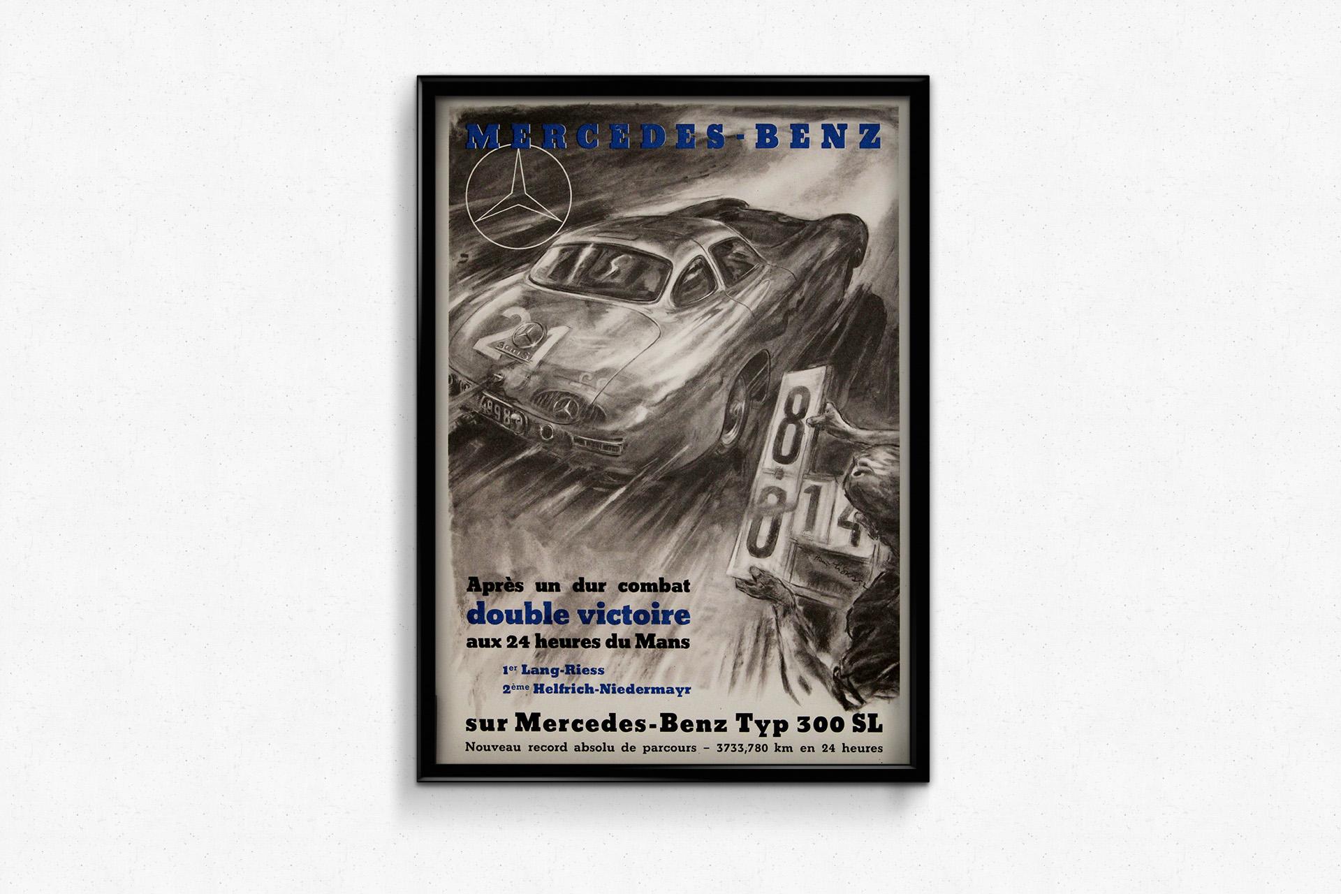 The original vintage poster celebrating Mercedes-Benz’s double victory at the 24 Hours of Le Mans is a dynamic tribute to one of the brand’s most iconic moments in motorsport history. Featuring the legendary Mercedes-Benz Typ 300 SL, the poster
