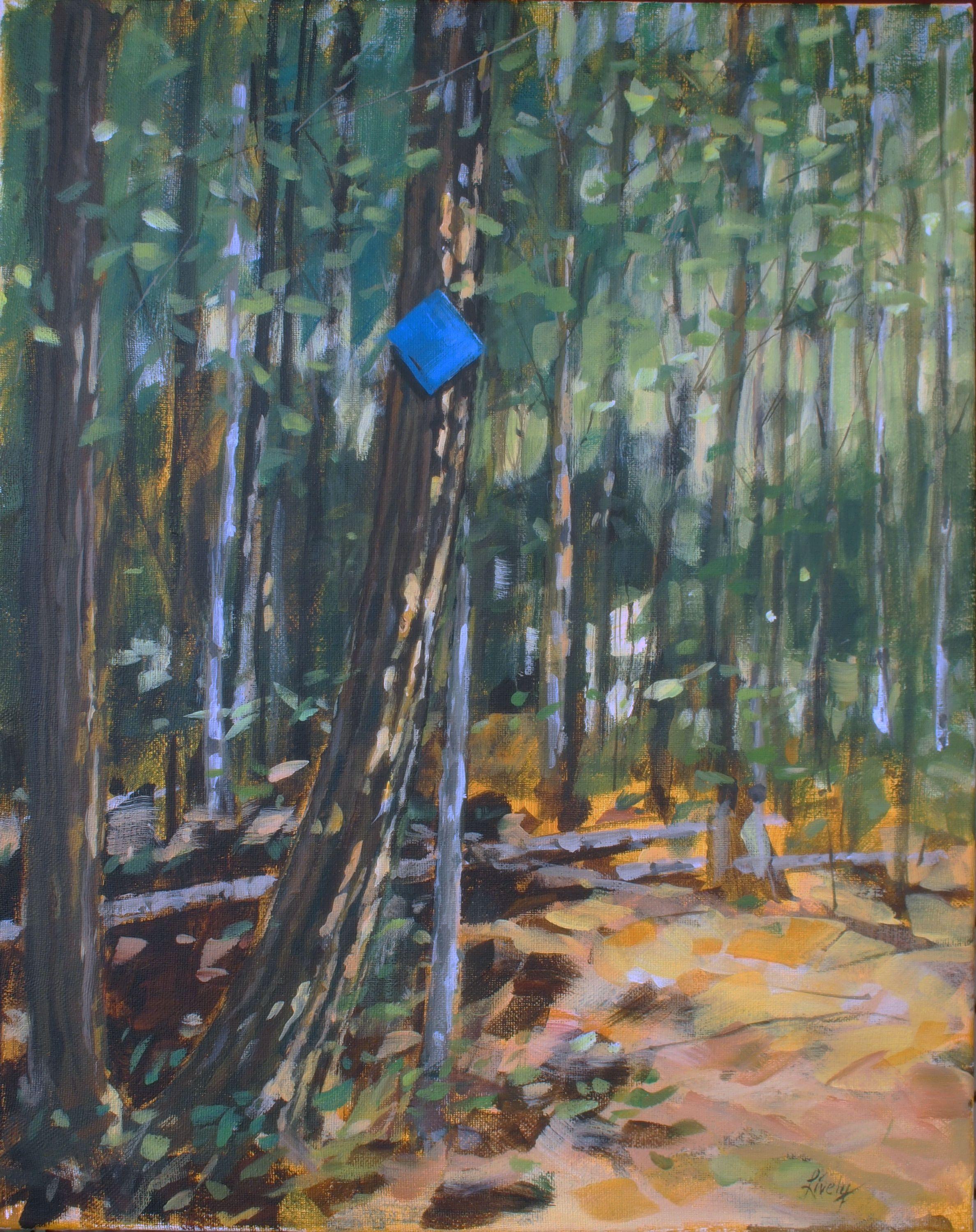 This is one of the trails I walk with my dogs.  The trails are marked with diamond -haped markers. The Blue Trail is one of my favorite places to hike. :: Painting :: Contemporary :: This piece comes with an official certificate of authenticity