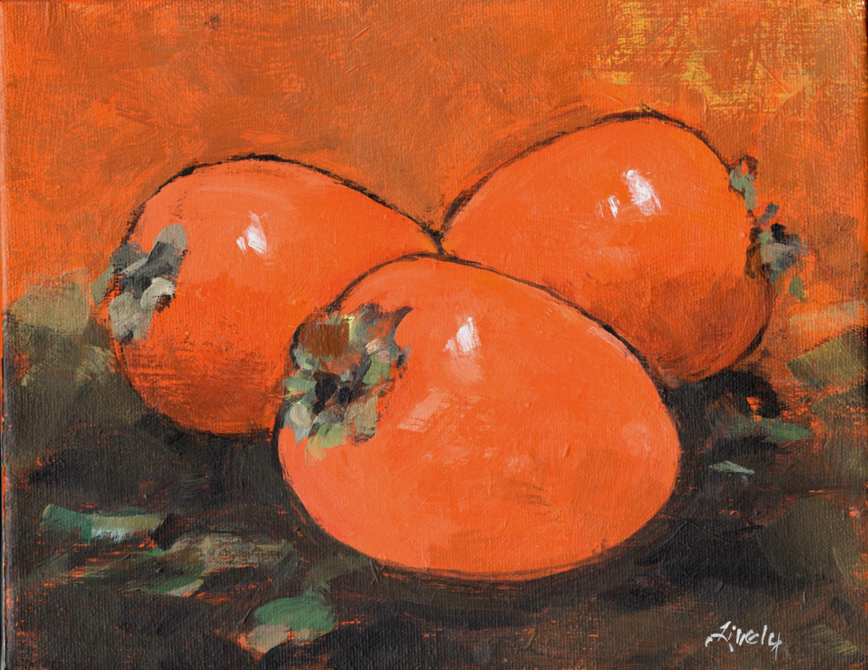 Three persimmons .  This was really fun to paint! :: Painting :: Contemporary :: This piece comes with an official certificate of authenticity signed by the artist :: Ready to Hang: No :: Signed: Yes :: Signature Location: Lower right :: Canvas ::