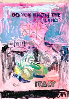 „Italy, Do You Know The Land“ – Ölgemälde auf ungespannter Leinwand – Rosa, Blau 