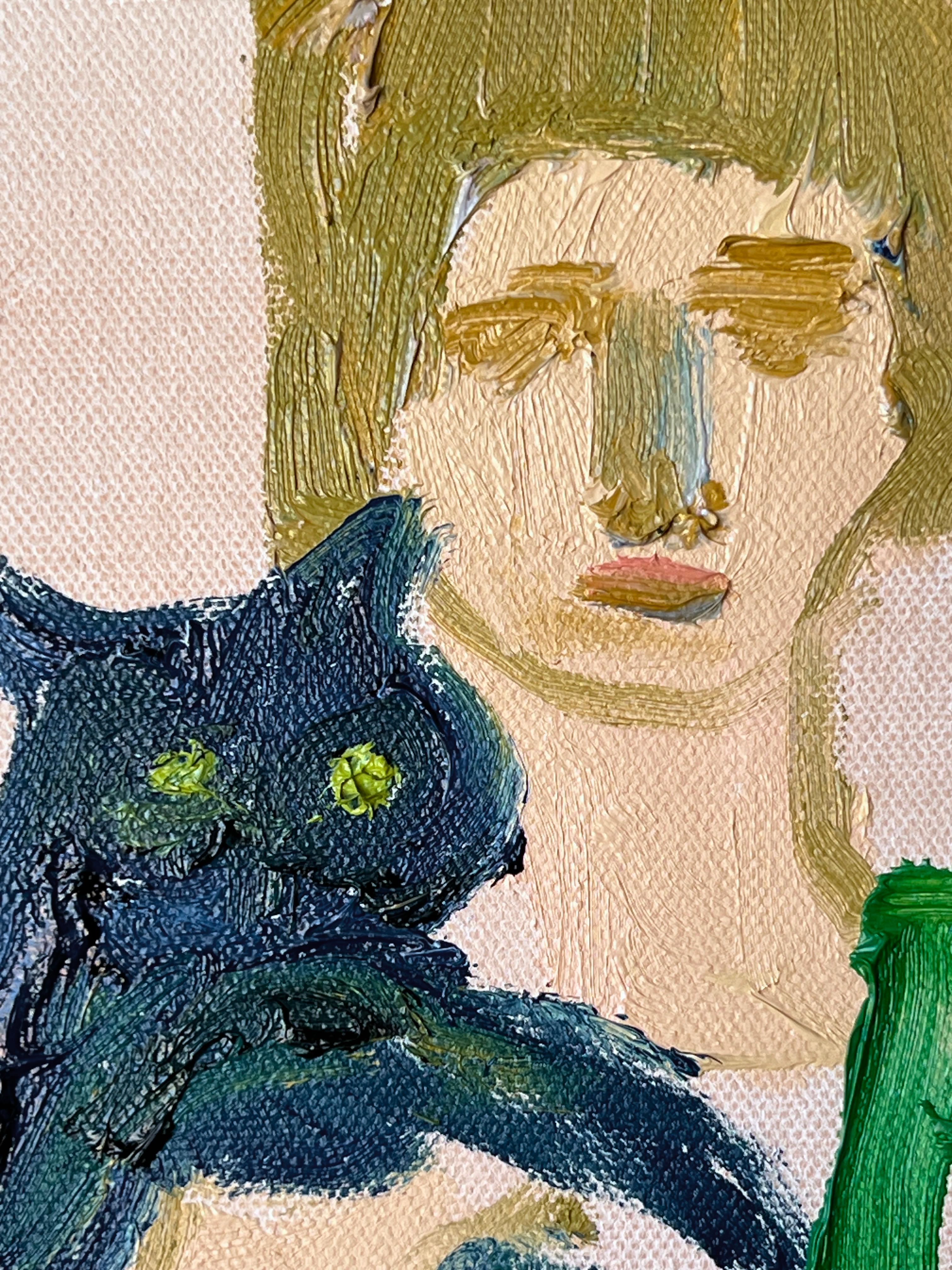 Pittura originale di gatti dell'artista di Joshua Tree, Anne-Louise Ewen. Un ritratto di una donna e del suo compagno felino realizzato con spesse pennellate di impasto. Un quadro di piccole dimensioni che si adatta a qualsiasi casa. 

Fa parte di