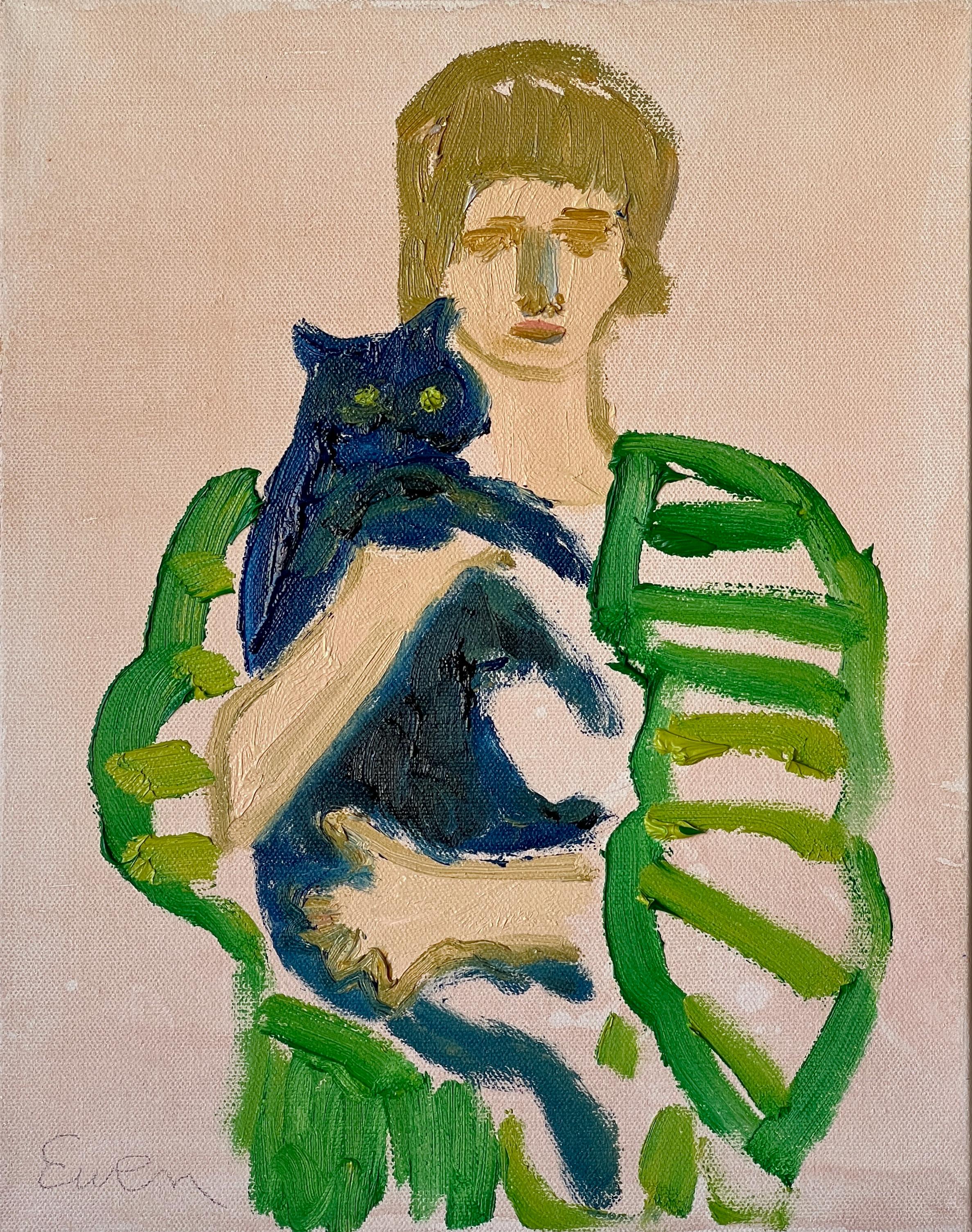 Portrait Painting di Anne-Louise Ewen - "Il mio gatto, la mia volontà di viaggiare e la mia solitudine" Pittura a olio originale su tela