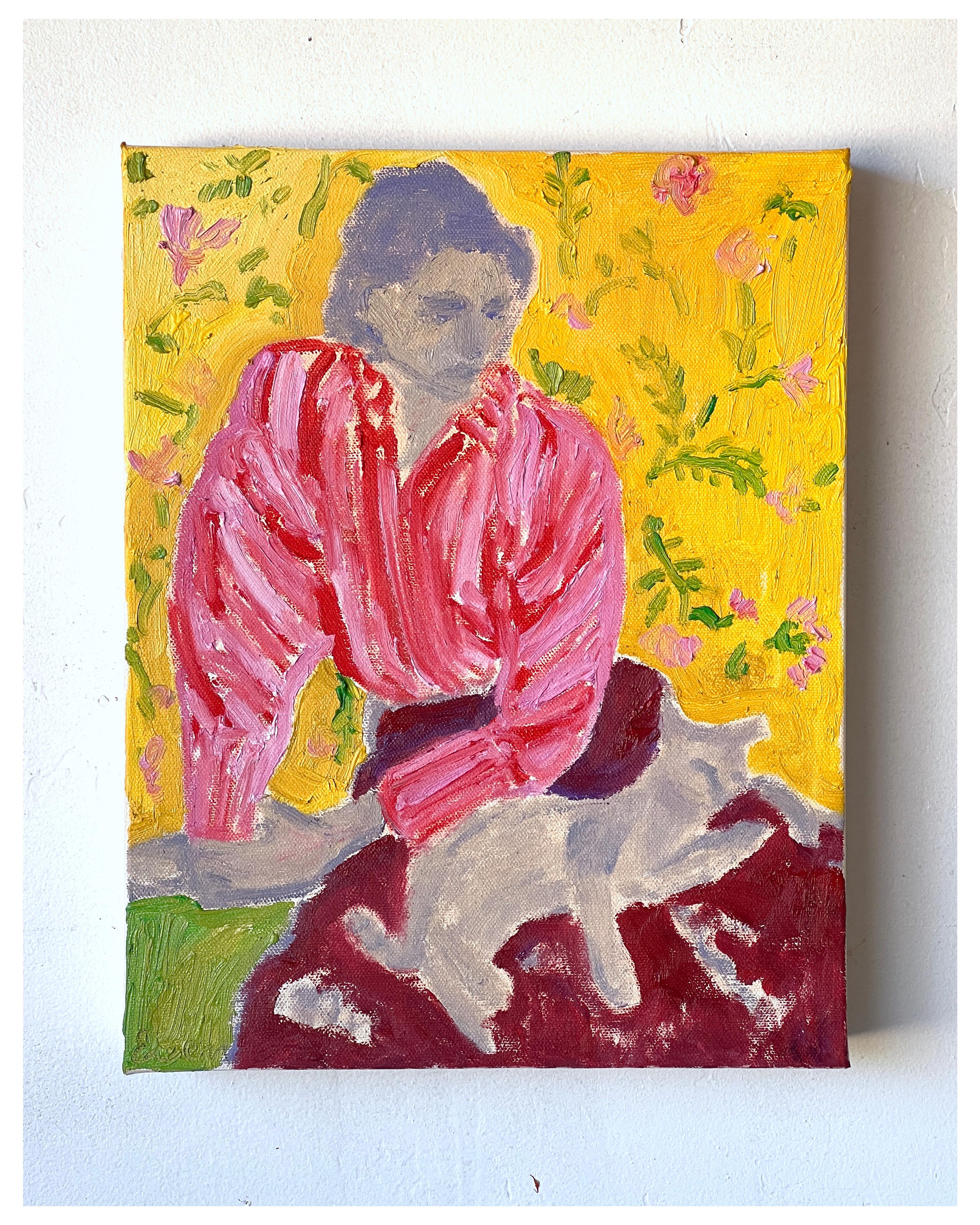 Original Cat Painting by Joshua Tree based Artist, Anne-Louise Ewen. A highly colorful portrait of a woman and her feline companion created with thick impasto strokes. A small painting that will fit in any home. 

Part of a series of 17 cat