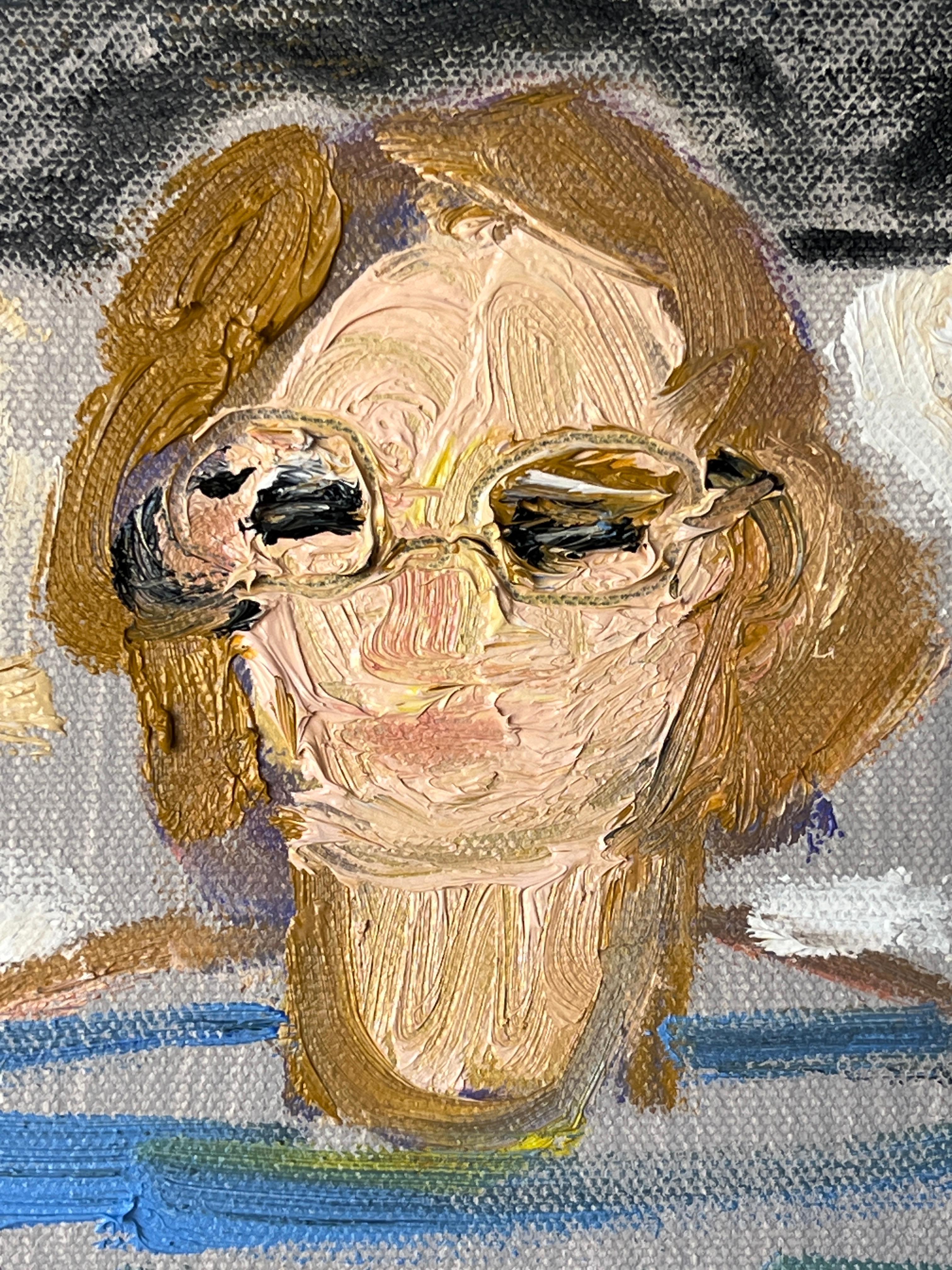 Original Cat Painting by Joshua Tree based Artist, Anne-Louise Ewen. A portrait of a person wearing glasses and a blue striped shirt in a cafe with a checkerboard floor -- with their feline companion created with thick impasto strokes. A small