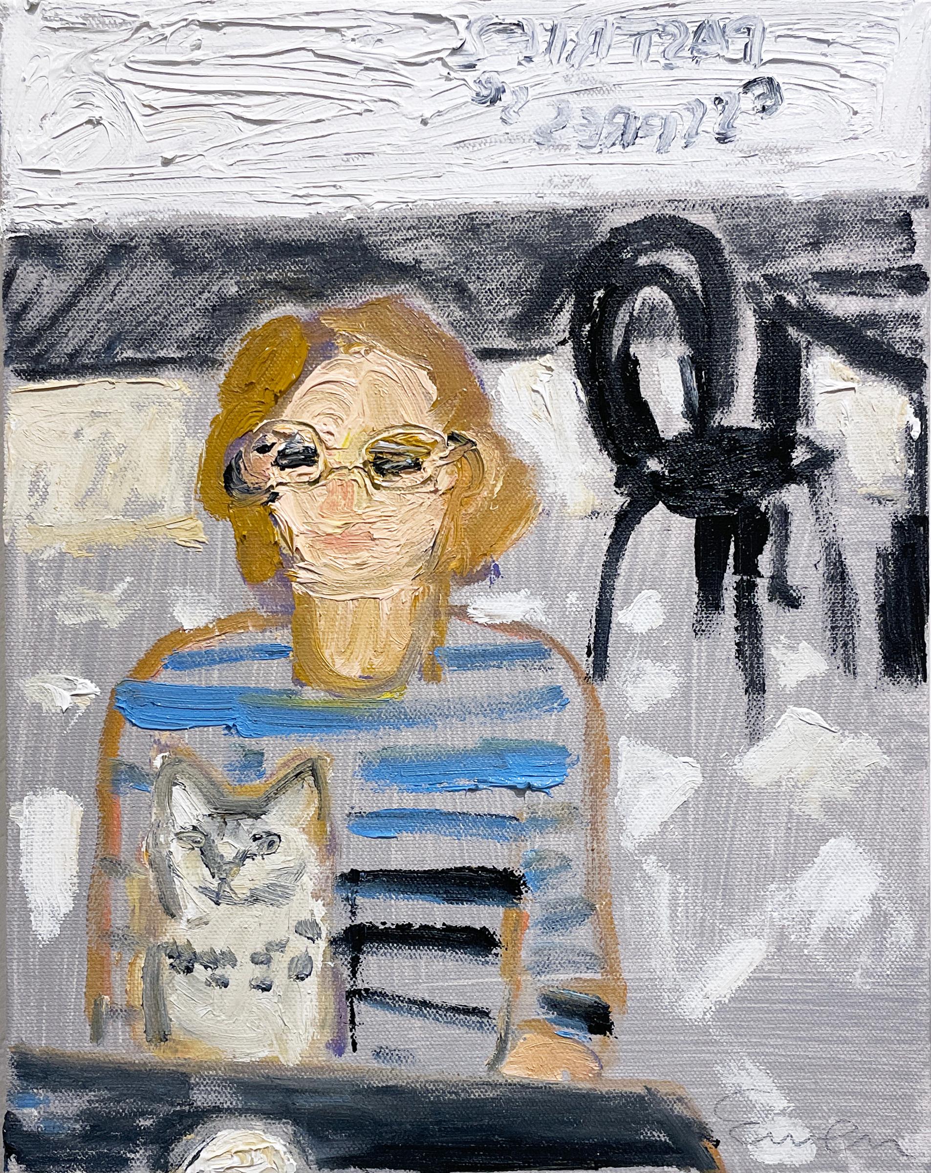"Two Solitudes," (2023) by artist Anne-Louise Ewen is an oil painting on canvas, measuring 14" x 11" x 2.25".  The painting features an interior space rendered in black, gray and white.  The figure in the foreground is a woman with glasses wearing a