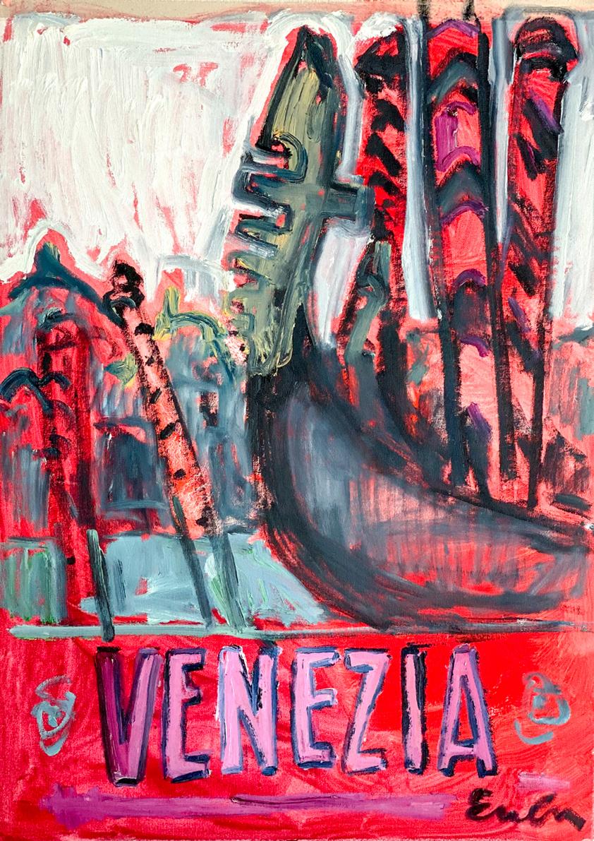 Anne-Louise Ewen Landscape Painting - "Venezia" - Oil Painting on Unstretched Canvas - Red, Gondola, Travel Poster