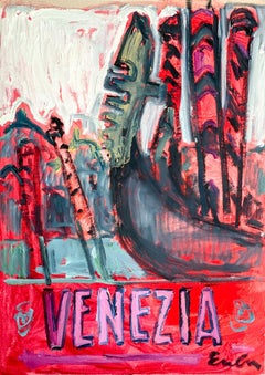 "Venezia" - Oil Painting on Unstretched Canvas - Red, Gondola, Travel Poster