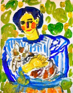 « We Are Friends Says The Cat », peinture à l'huile originale, colorée, empâtement, petite
