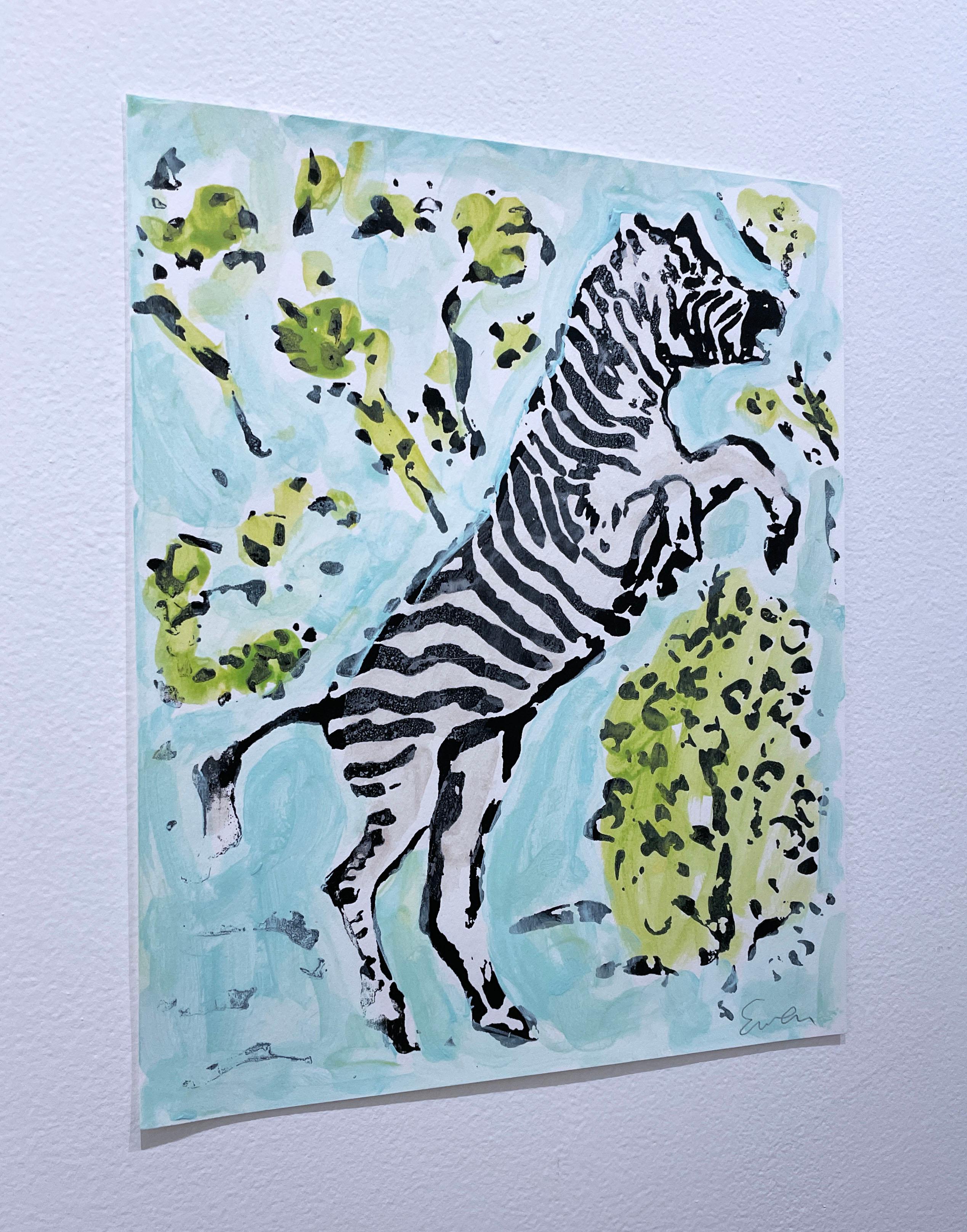 Zebra I (2022), œuvre sur papier, animal, feuillage, aqua & vert, néo-impressionniste en vente 5