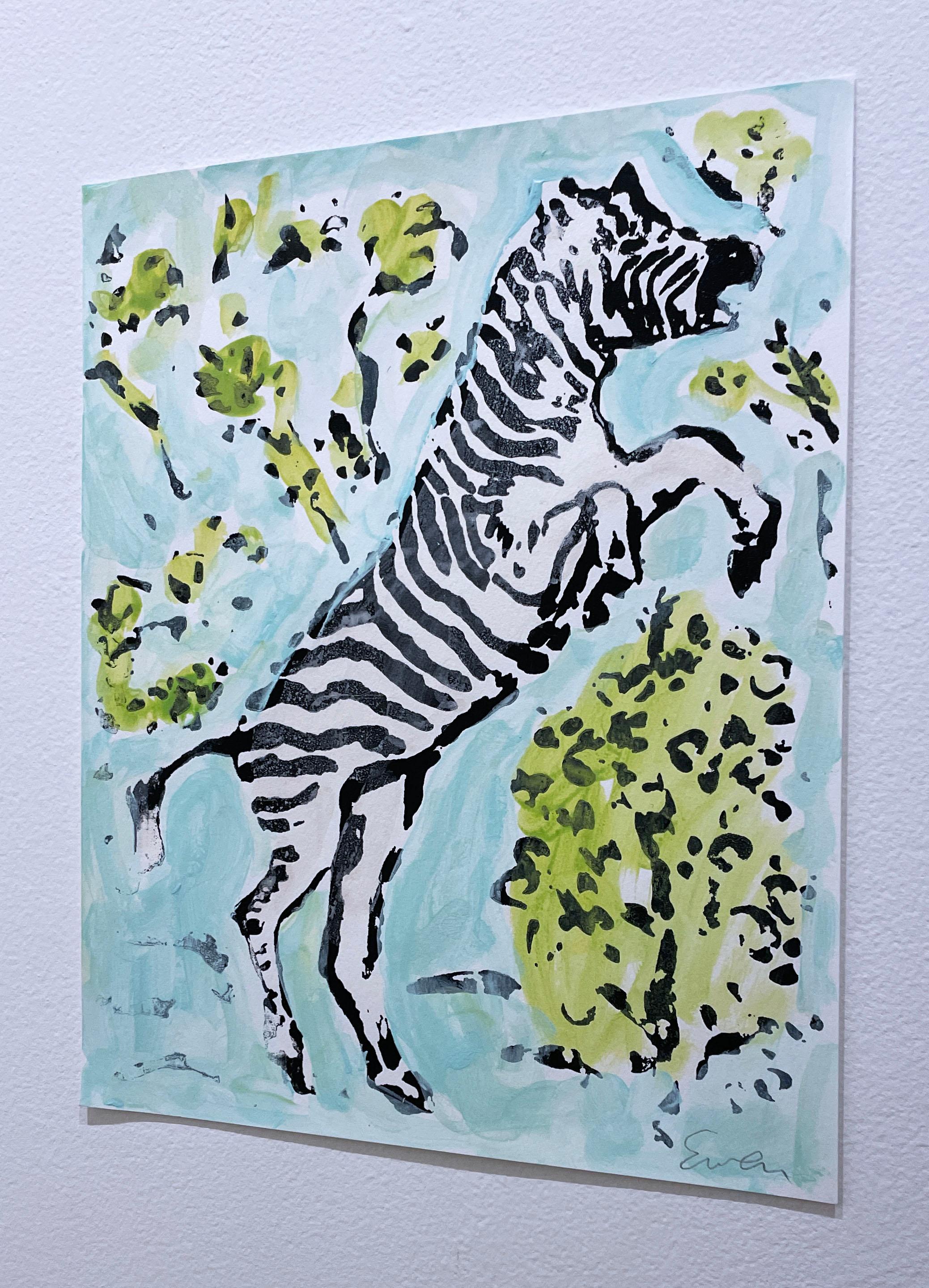 Zebra I (2022), work on paper, animal, foliage, aqua & green, neo impressionist For Sale 3