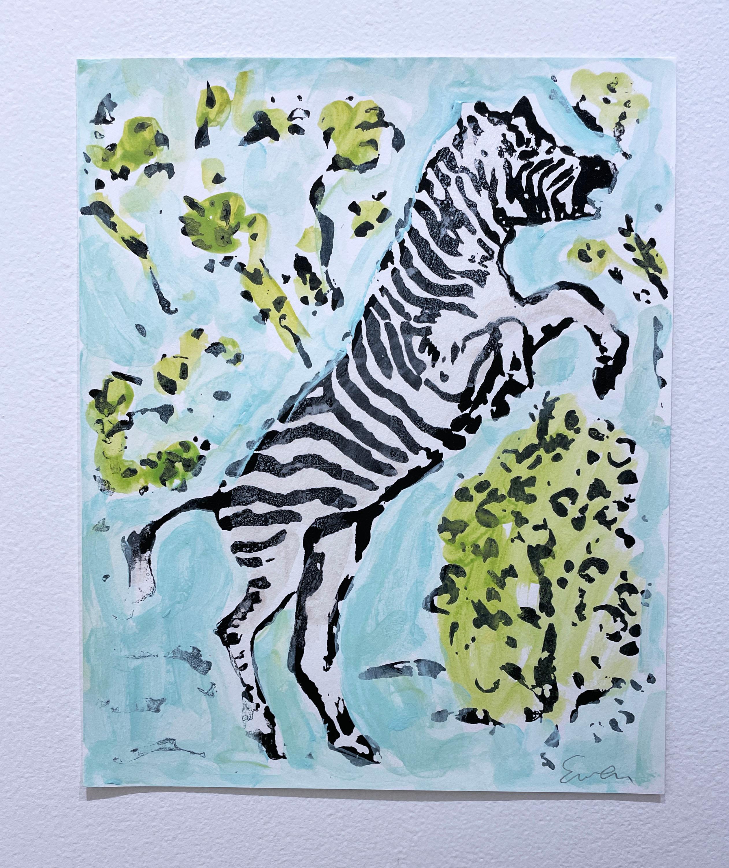 Zebra I (2022), work on paper, animal, foliage, aqua & green, neo impressionist - Contemporary Painting by Anne-Louise Ewen