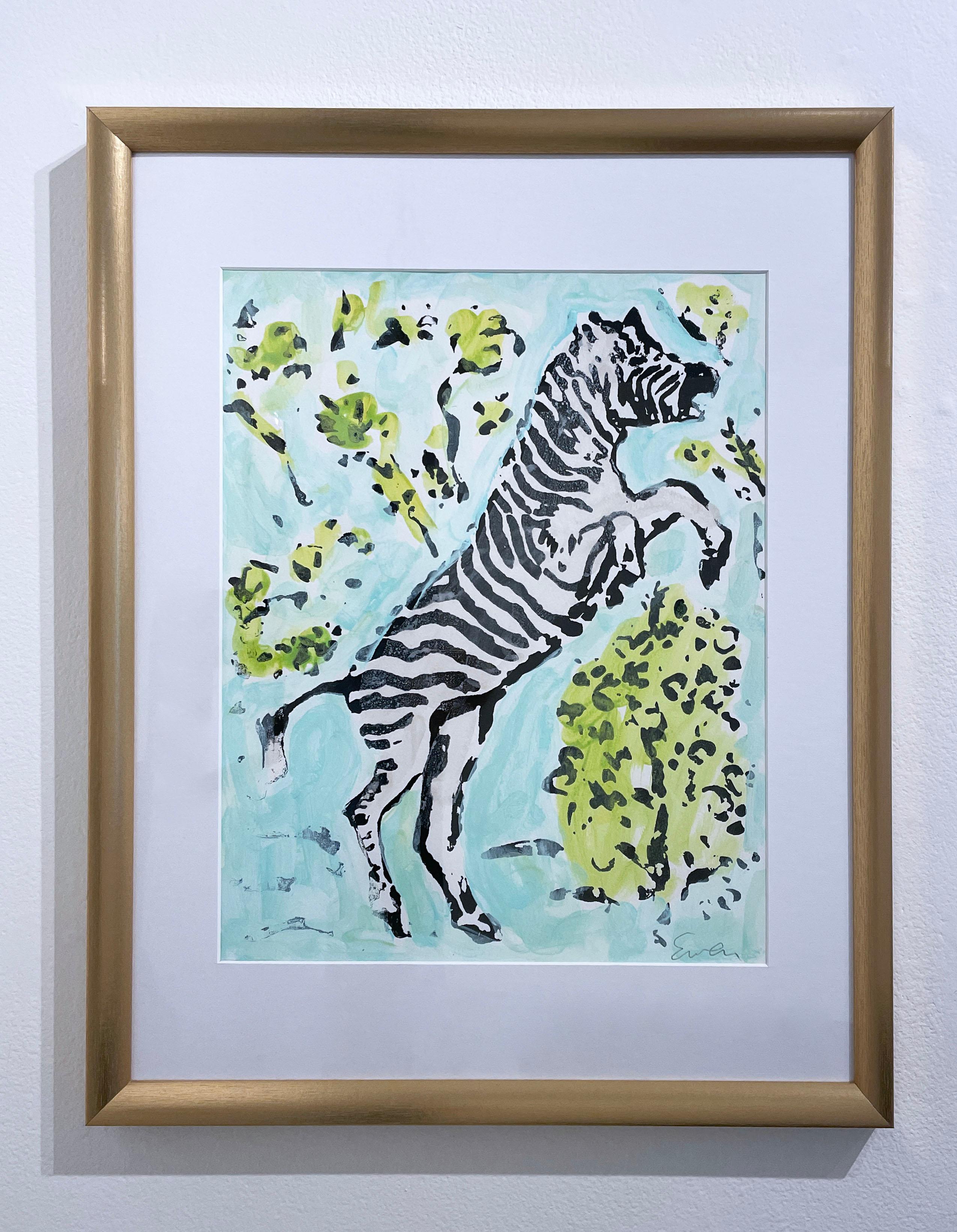 Zebra I (2022), work on paper, animal, foliage, aqua & green, neo impressionist - Gray Figurative Painting by Anne-Louise Ewen