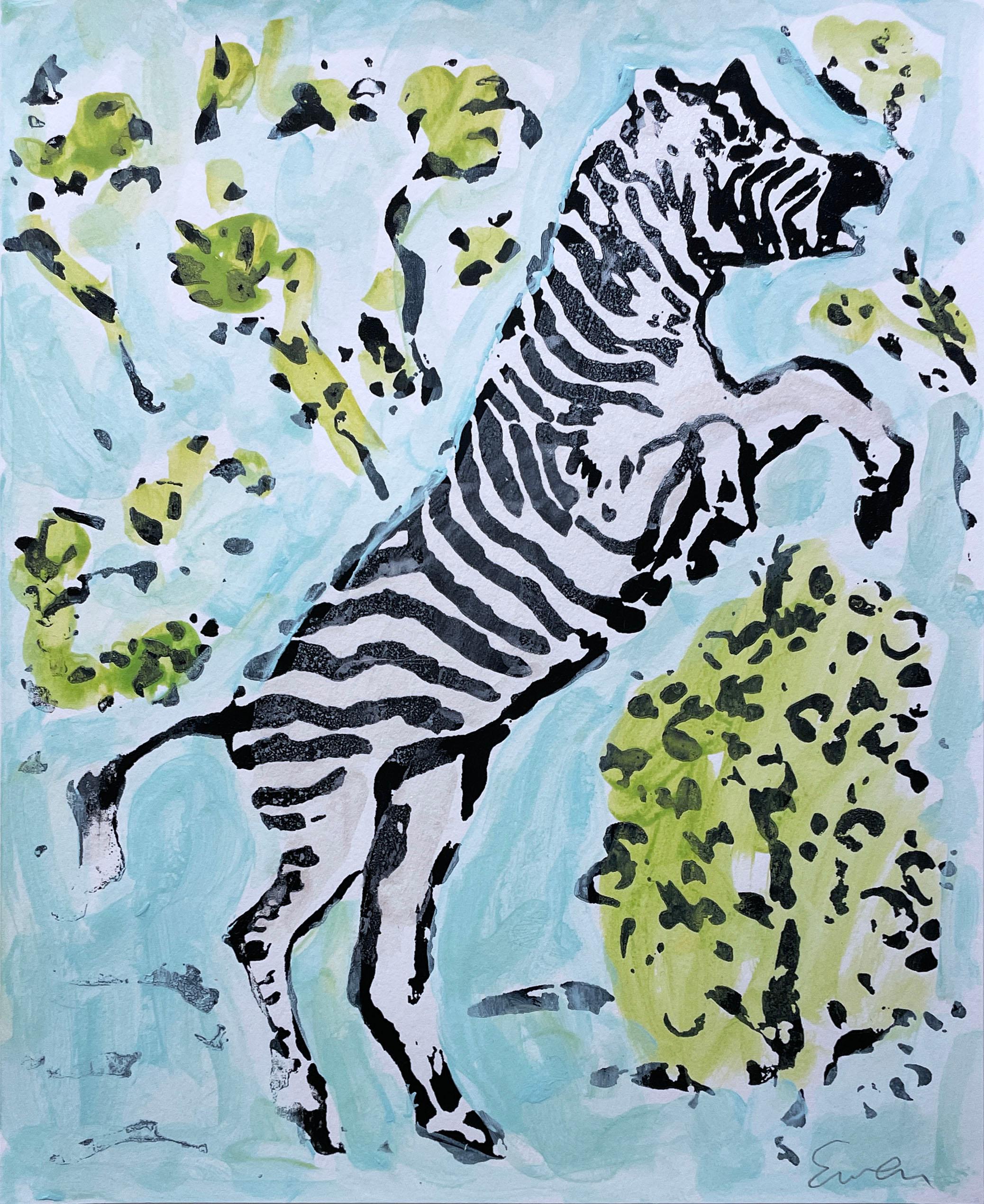 Zebra I (2022), work on paper, hand painted multiple, animal and foliage, neo impressionist, botanical, pastels, aqua and lime green, black and white zebra

