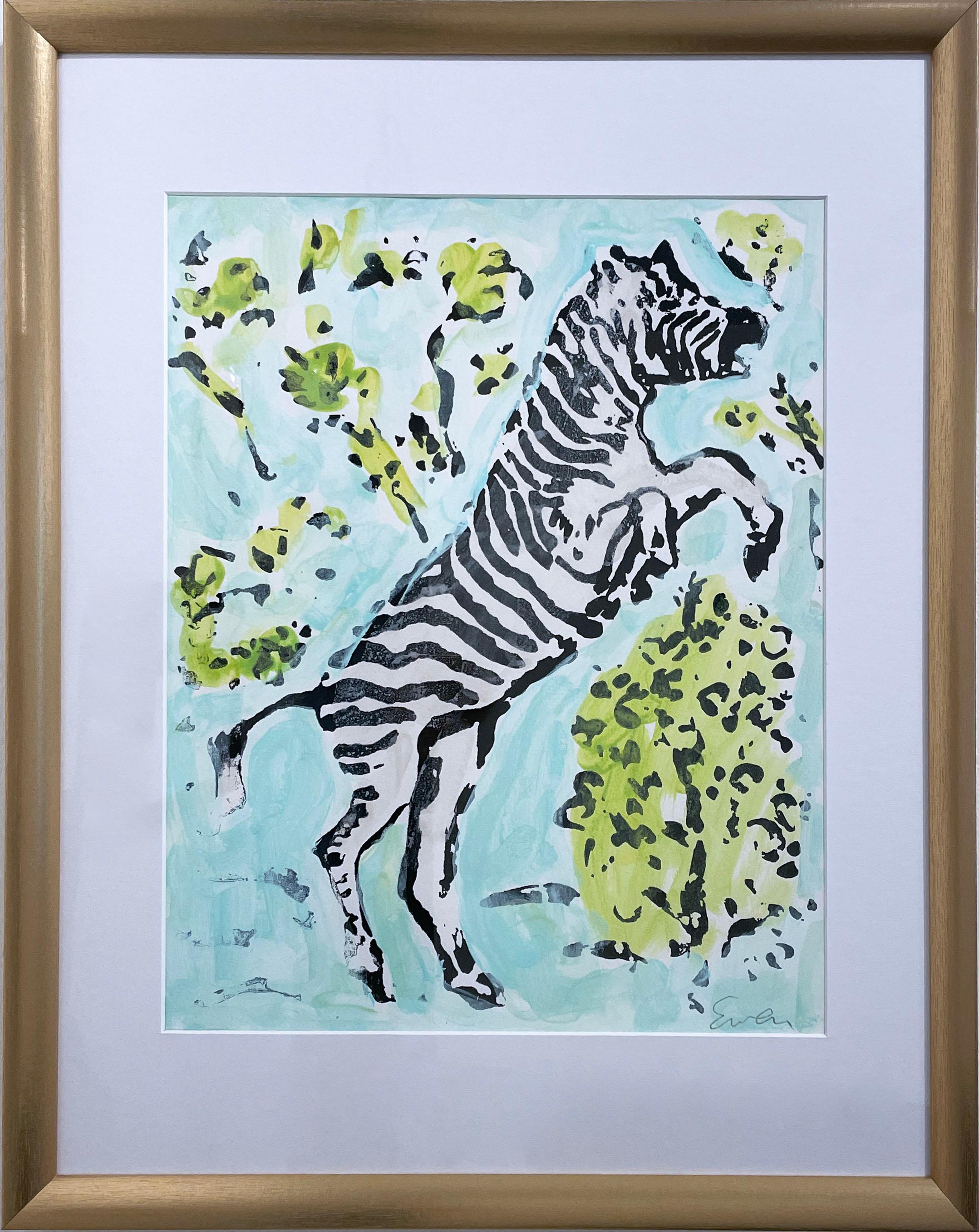 Zebra I (2022), work on paper, animal, foliage, aqua & green, neo impressionist For Sale 1