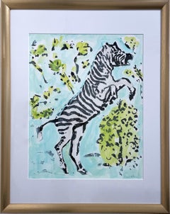 Zebra I (2022), work on paper, animal, foliage, aqua & green, neo impressionist