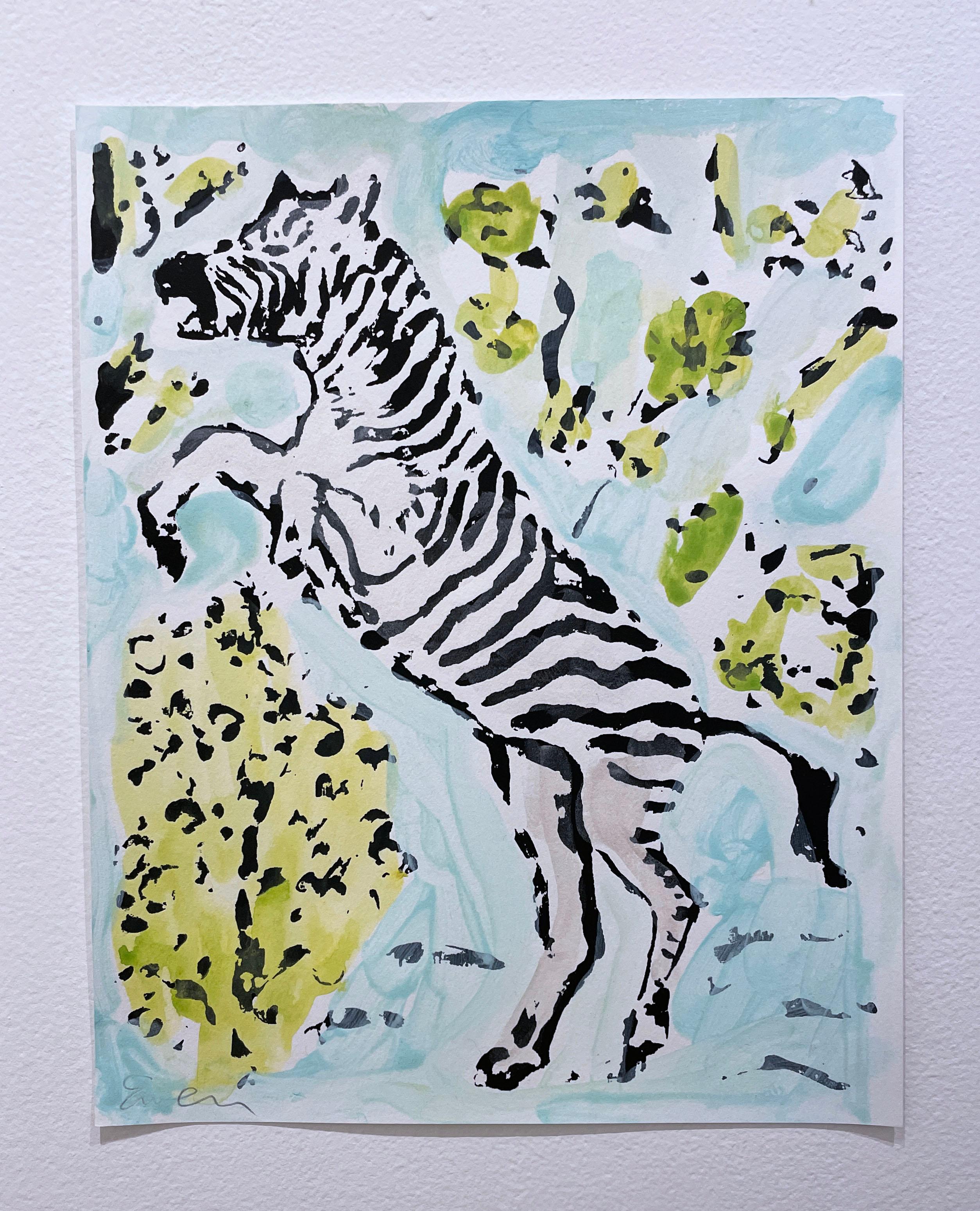 Zebra II (2022), work on paper, animal, foliage, aqua & green, neo impressionist - Painting by Anne-Louise Ewen
