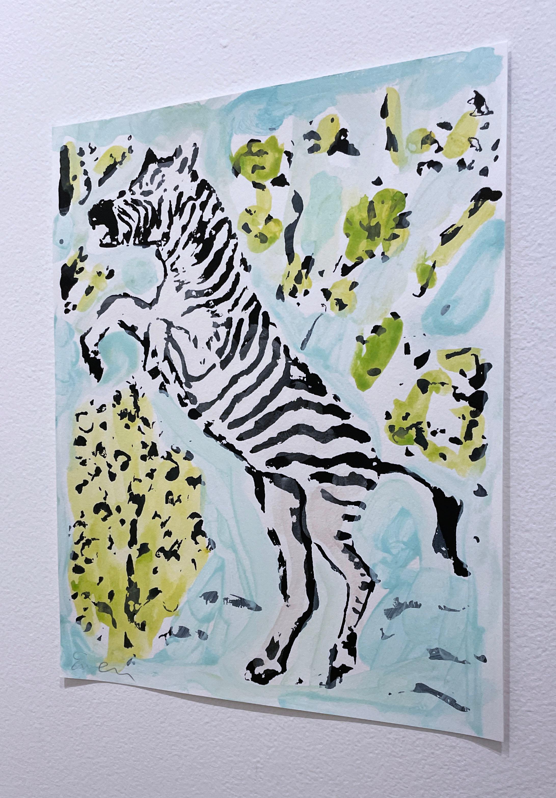 Zebra II (2022), work on paper, animal, foliage, aqua & green, neo impressionist - Contemporary Painting by Anne-Louise Ewen