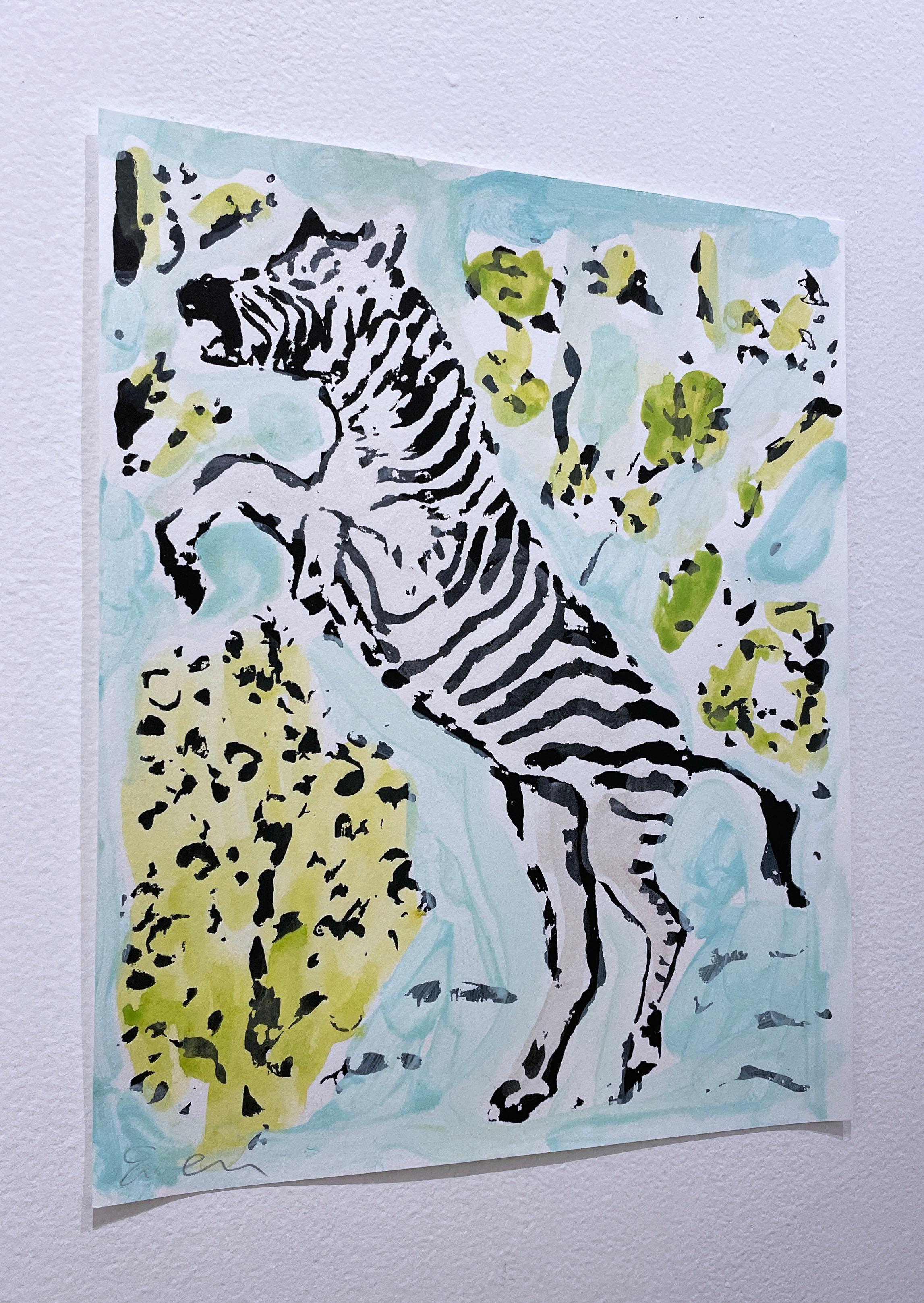 Zebra II (2022), work on paper, animal, foliage, aqua & green, neo impressionist - Gray Figurative Painting by Anne-Louise Ewen