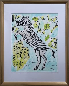 Zebra II (2022), œuvre sur papier, animal, feuillage, aqua & vert, néo-impressionniste