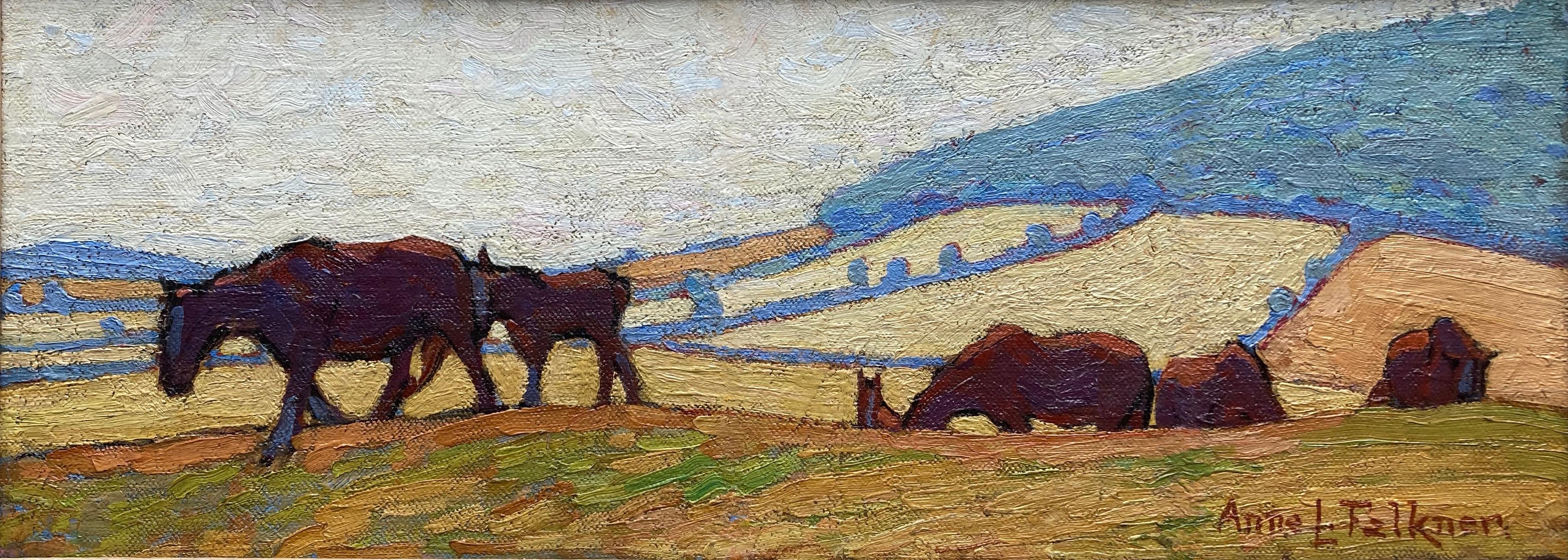 Anne Louise Falkner, British Impressionist, Female artist, horses on a hillside 6