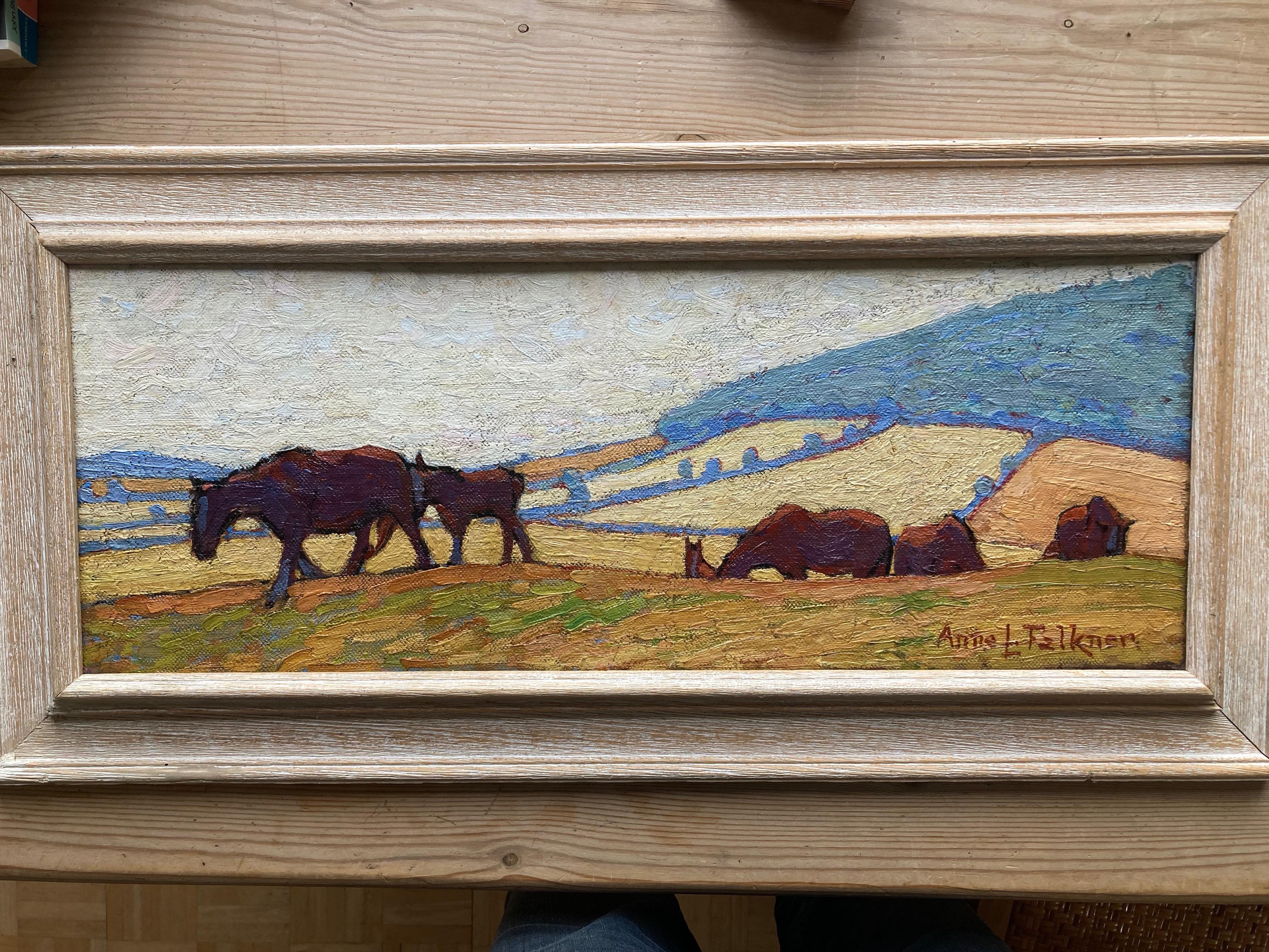 Anne Louise Falkner (1862 -1933)
Horses on the brow of a hill, 
Signed, 
Oil on canvas laid on board,
9 ½  x 24 inches

A wonderful image with a vibrant palette and brushwork.

Anne Louise Falkner was the daughter of a Dorset vicar and the sister of