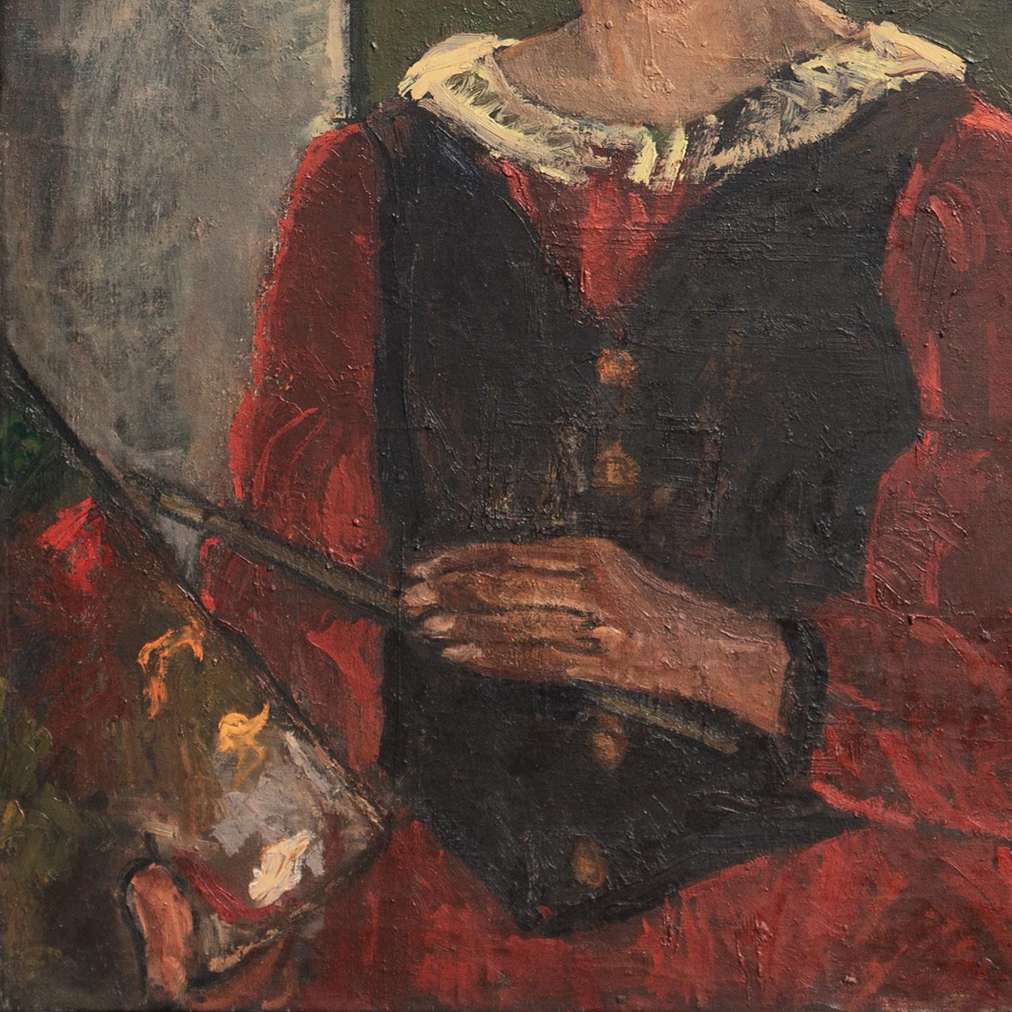 Pintado por Anne Margrethe Grosell (danesa, 1909- 1999), hacia 1935, y sellado, en el reverso, con certificación de autenticidad.

Un logrado autorretrato postimpresionista de esta rara artista danesa que optó por permanecer ajena al establishment