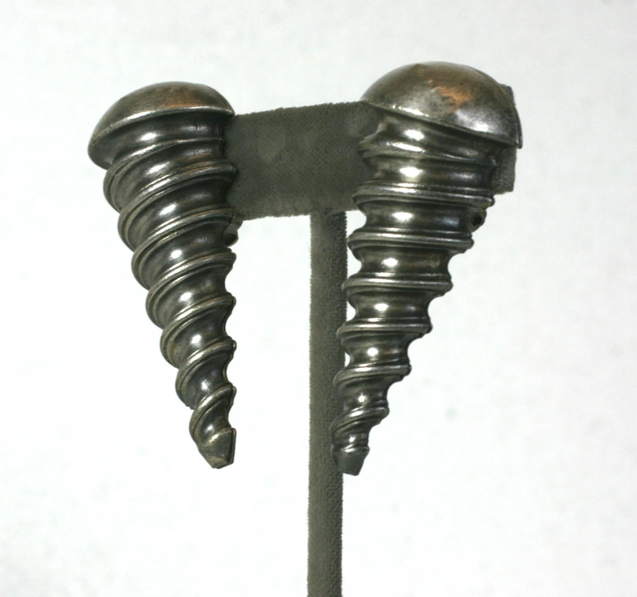 Rare Anne Marie Beretta antique silvered metal Surrealist screw earclips. Large scale. Made in France, Clip back fittings.
Excellent Condition, unsigned. 
Length 2.25