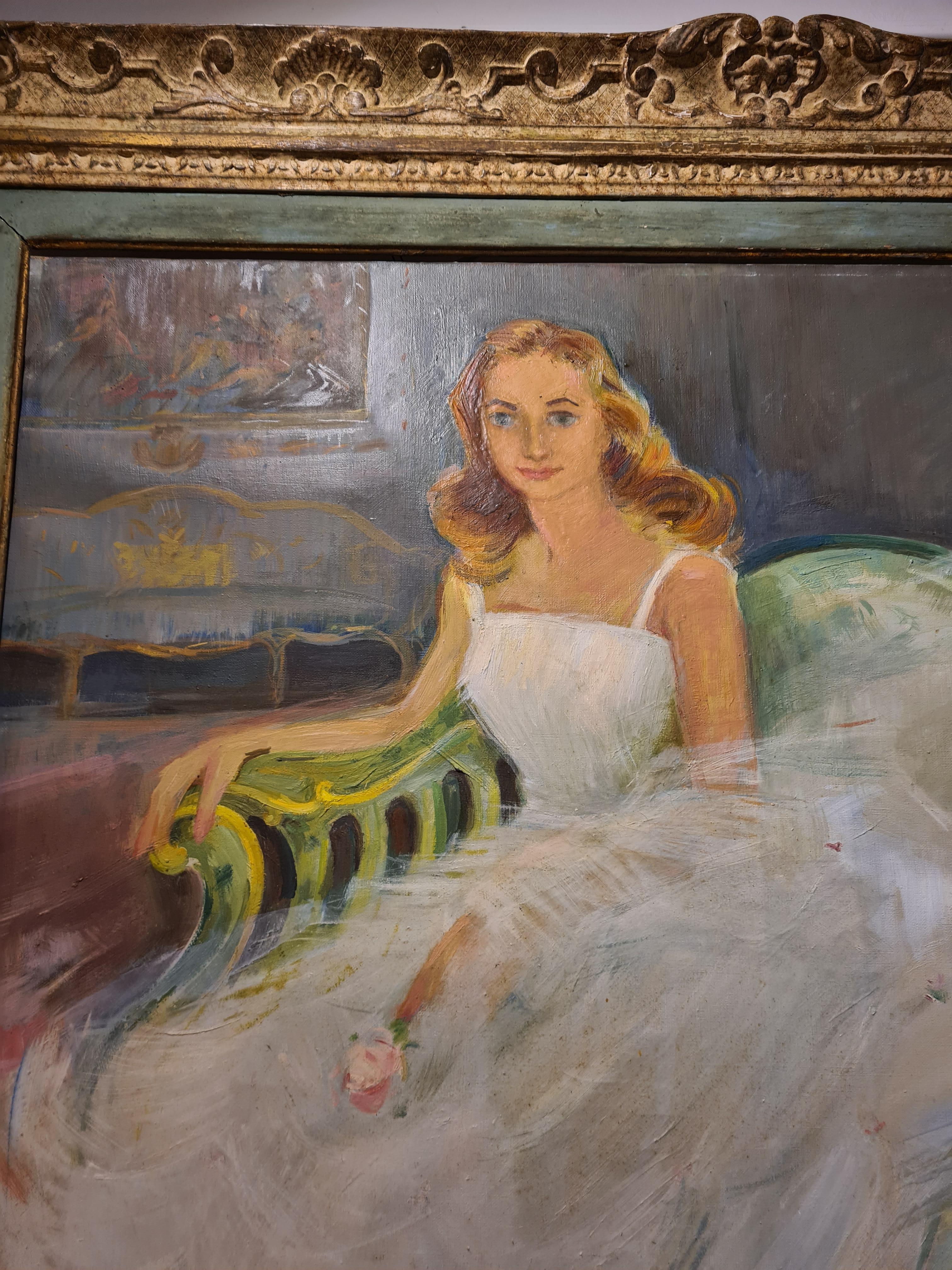 The wedding Dress, Large Scale French 1950s Society Portrait For Sale 3
