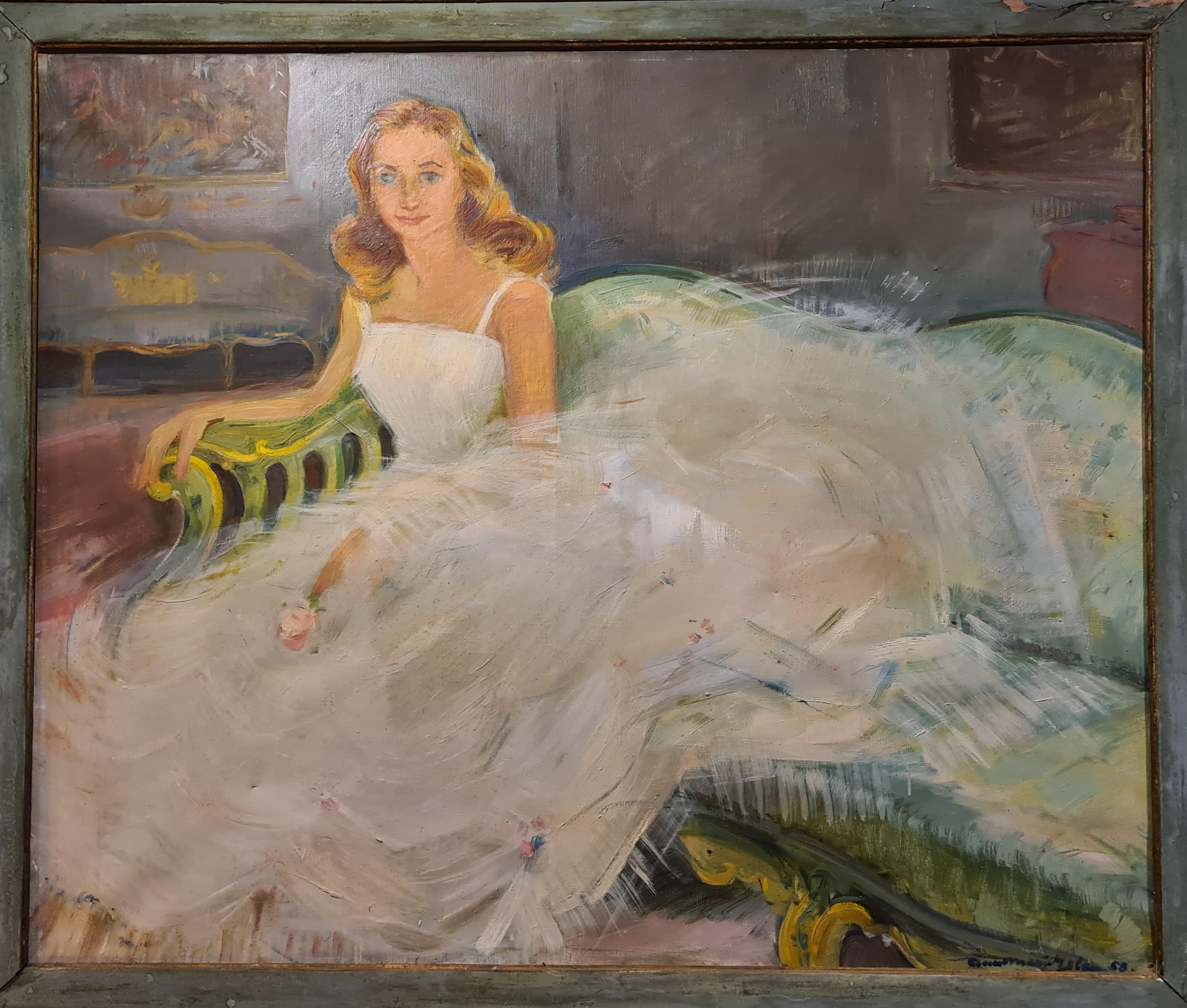 The wedding Dress, Large Scale French 1950s Society Portrait - Painting by Anne-Marie Joly