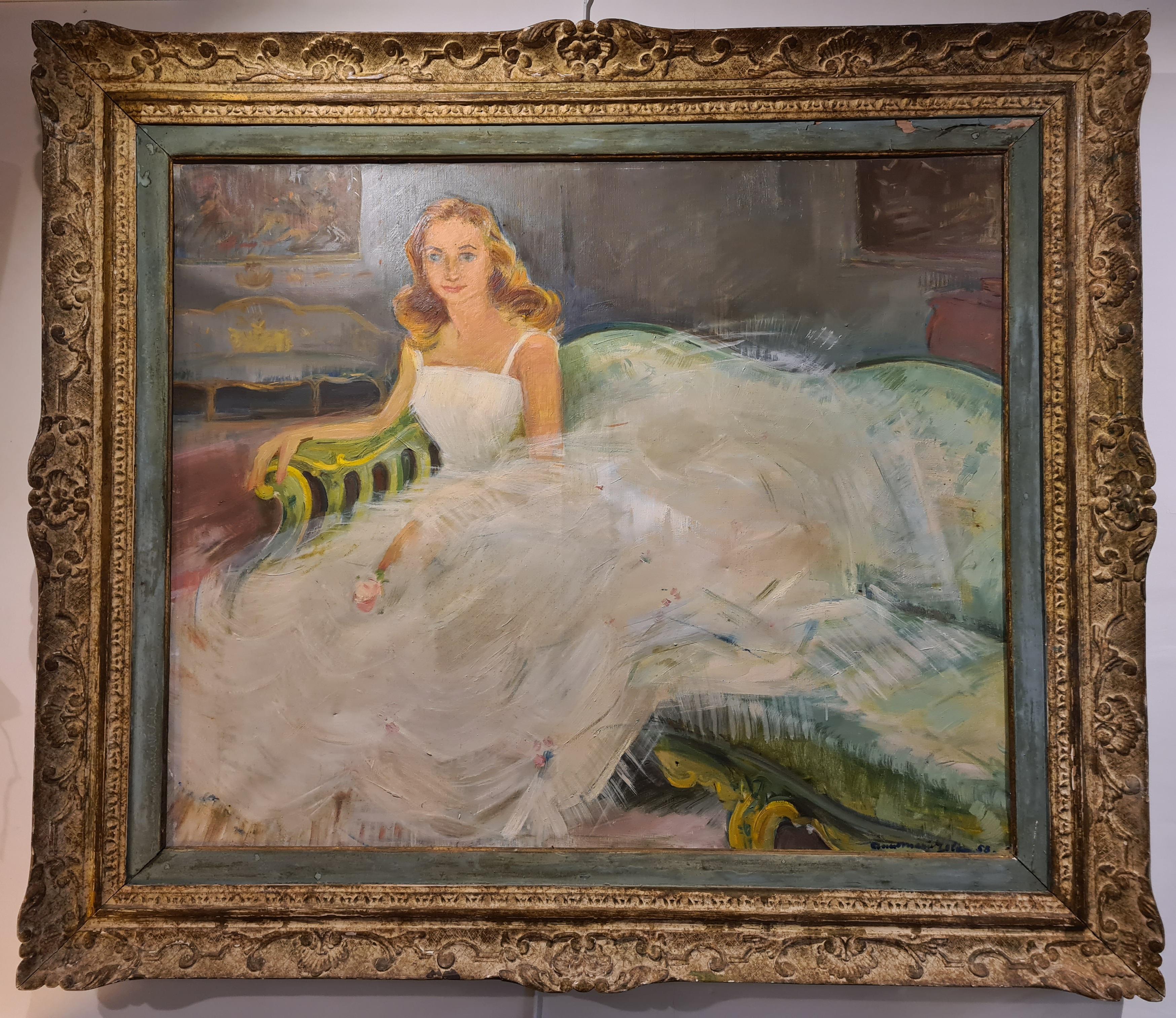 Portrait Painting Anne-Marie Joly - The wedding Dress, portrait de société français des années 1950 à grande échelle