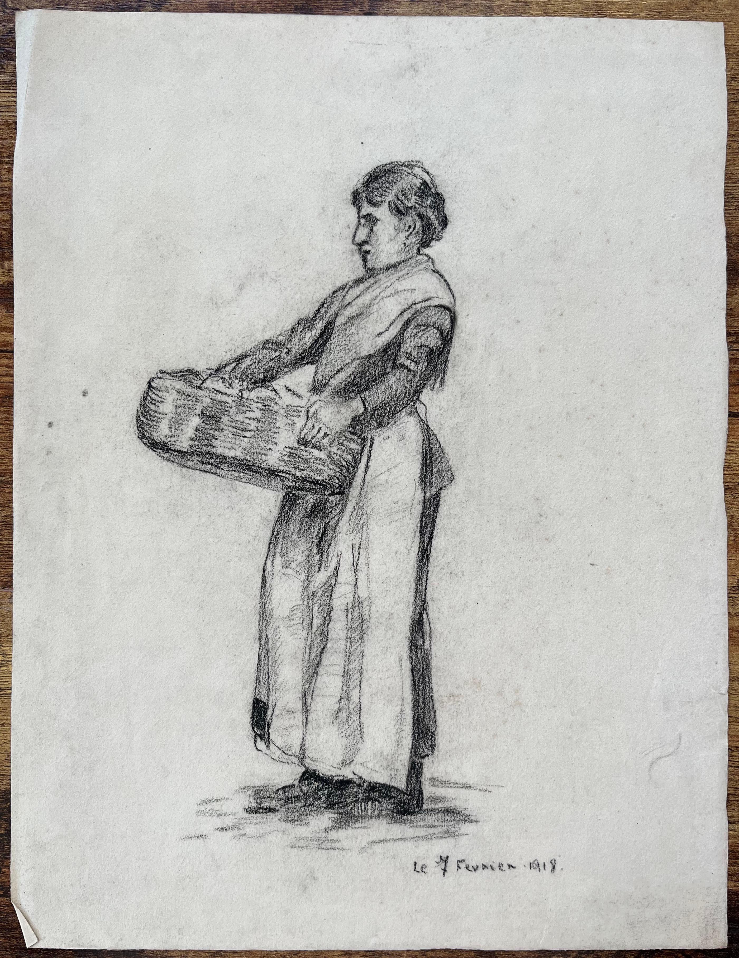 Early 20th Century Charcoal Drawing of Woman with Basket Dated February 1918 - Painting by Anne Marie Migette Perard