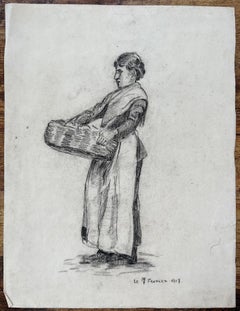 Dessin au fusain du début du 20e siècle représentant une femme avec un panier daté de février 1918