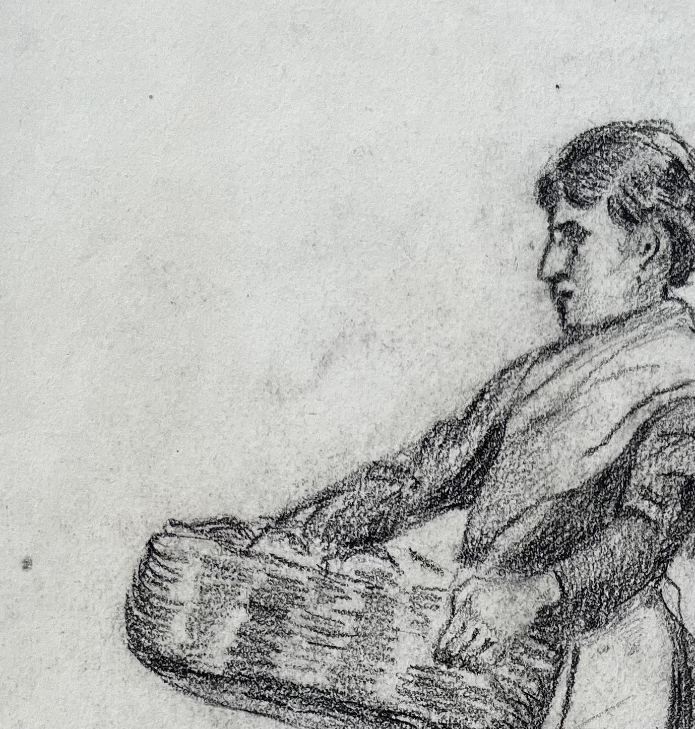 Early 20th Century Charcoal Drawing of Woman with Basket Dated February 1918 - Post-Impressionist Painting by Anne Marie Migette Perard