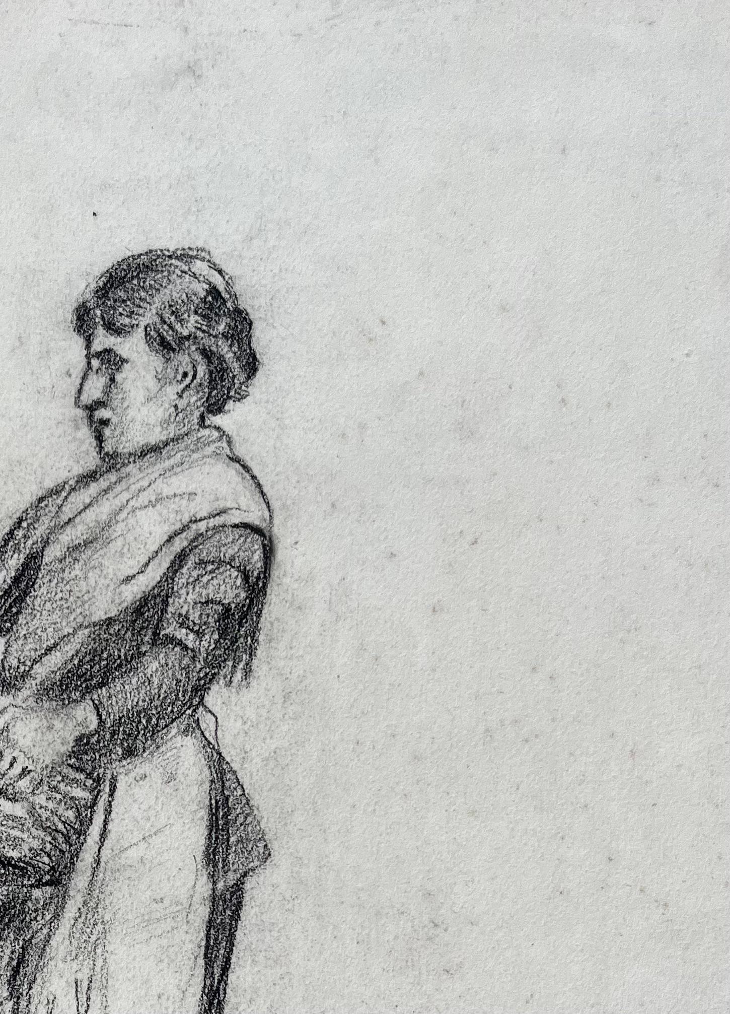 Early 20th Century Charcoal Drawing of Woman with Basket Dated February 1918 - Gray Landscape Painting by Anne Marie Migette Perard