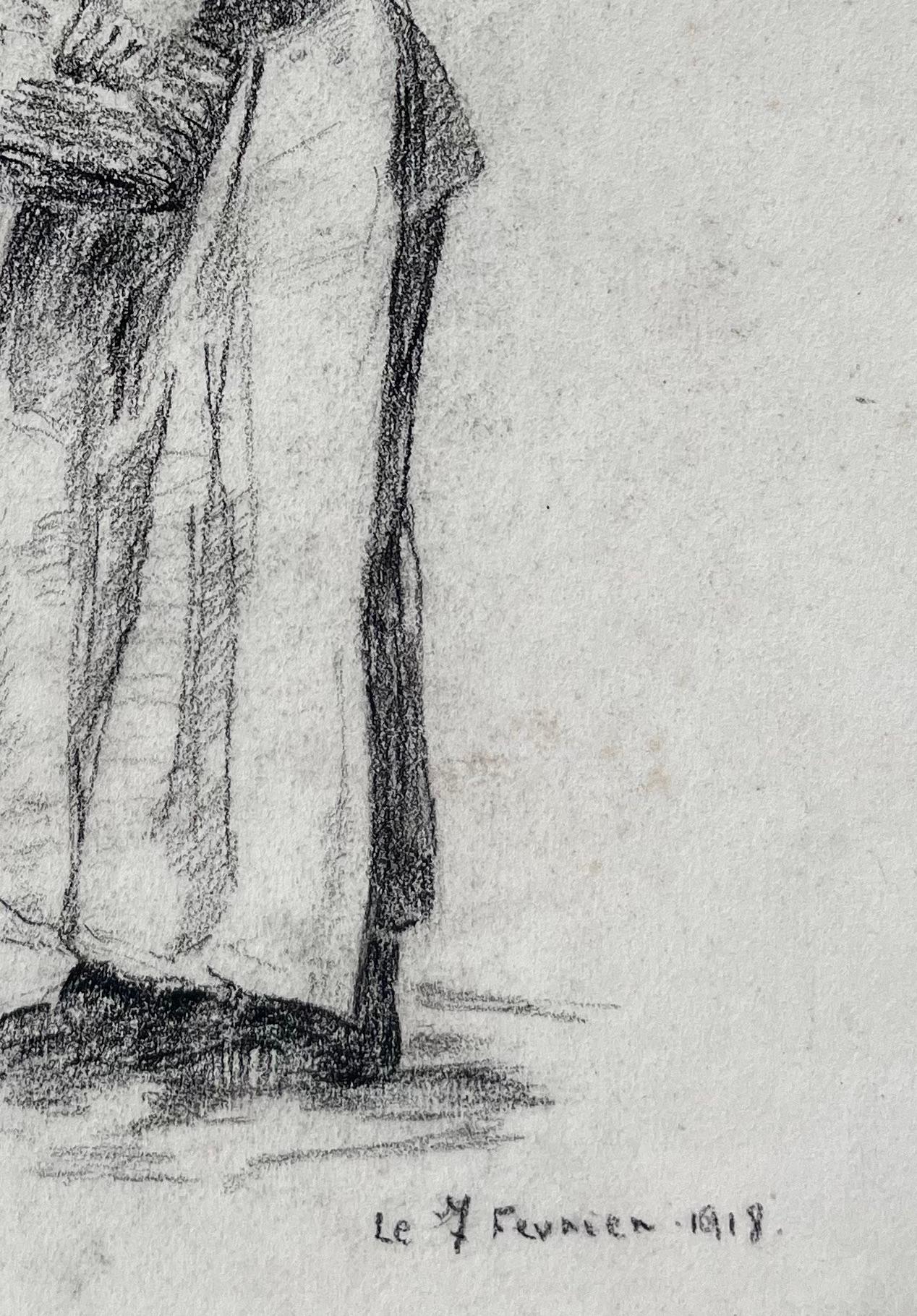 Early 20th Century Charcoal Drawing of Woman with Basket Dated February 1918 For Sale 1