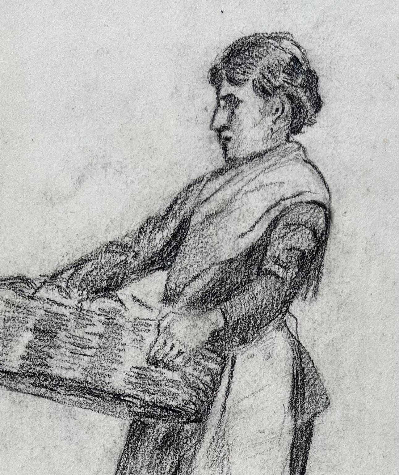 Early 20th Century Charcoal Drawing of Woman with Basket Dated February 1918 For Sale 2