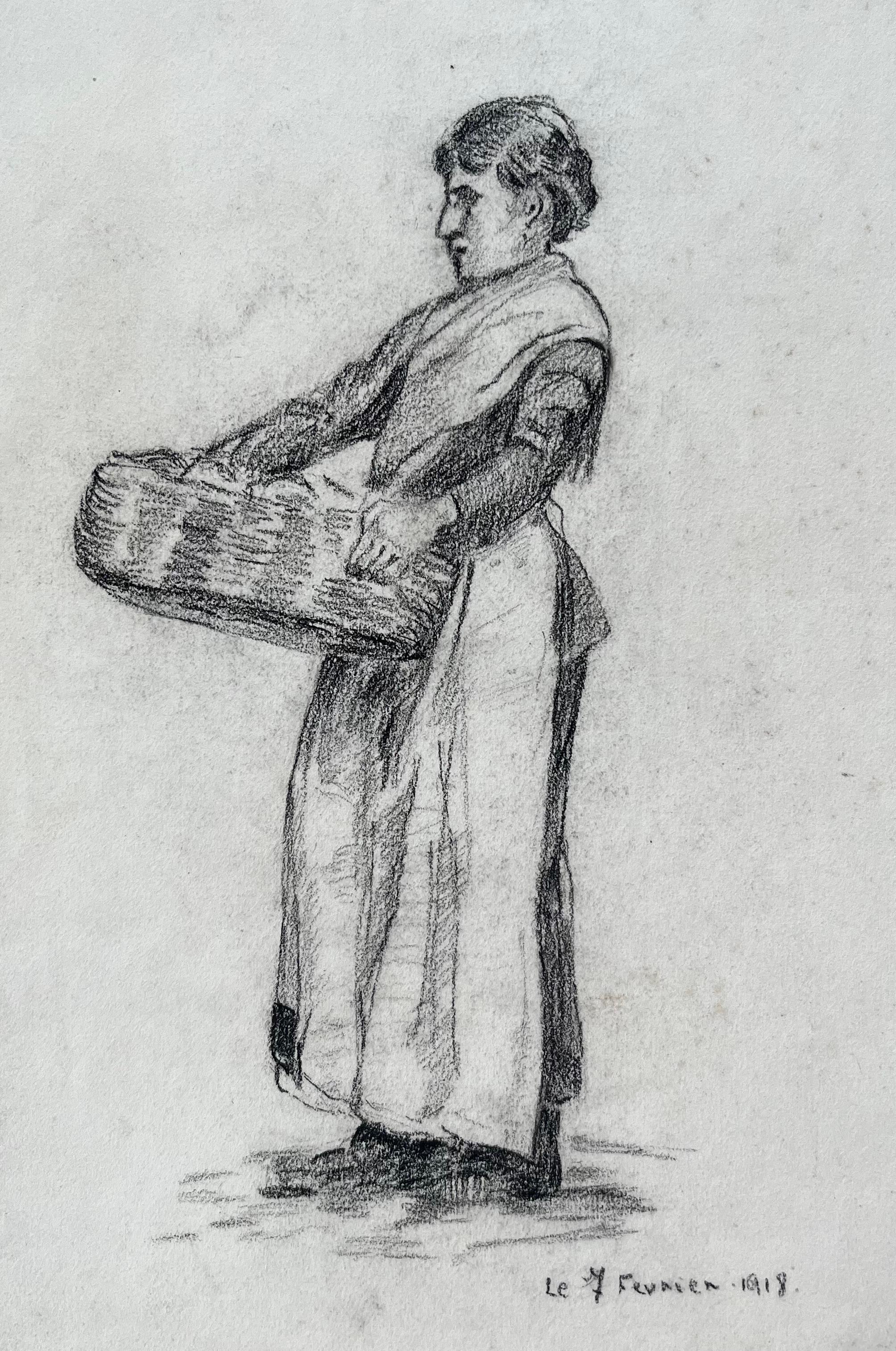 Anne Marie Migette Perard Landscape Painting - Early 20th Century Charcoal Drawing of Woman with Basket Dated February 1918