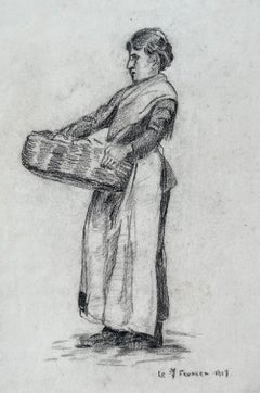 Dibujo a carboncillo de mujer con cesta de principios del siglo XX Fechado en febrero de 1918
