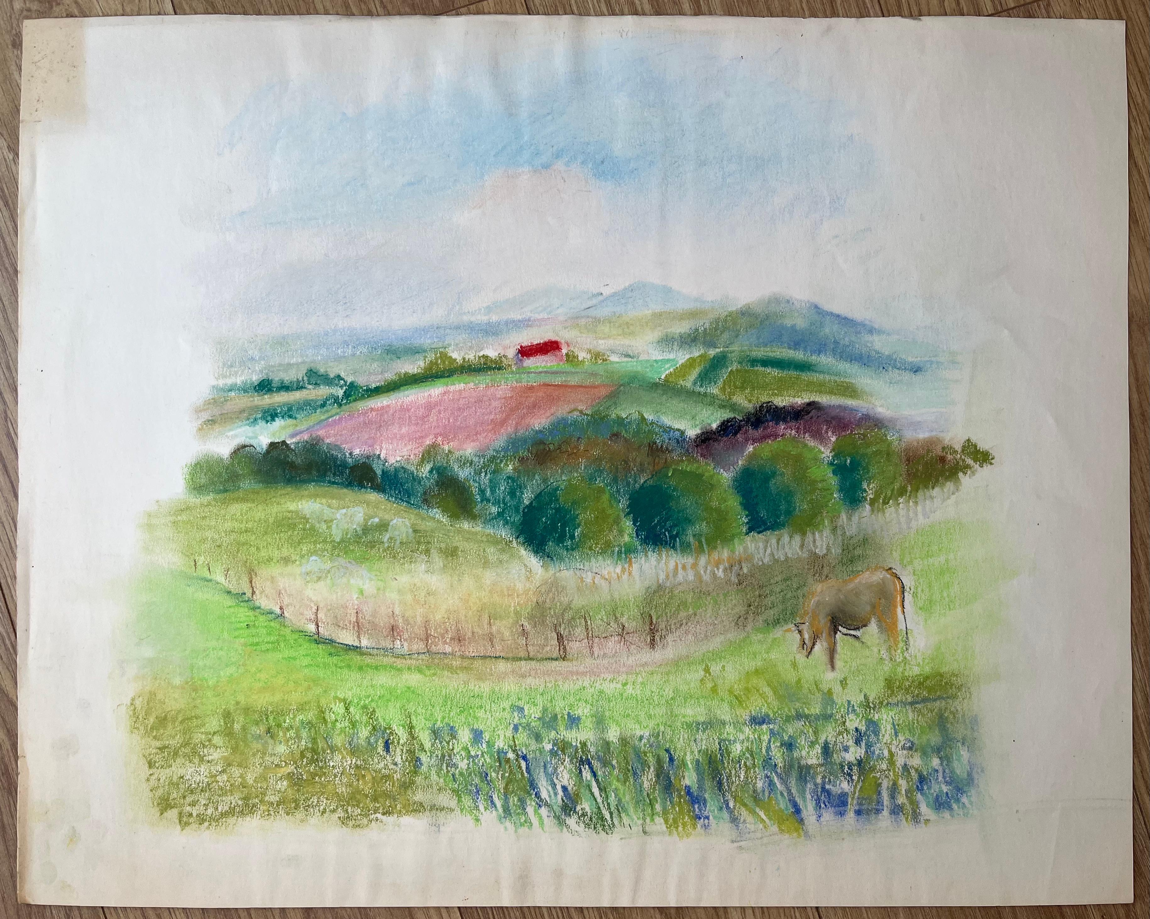 Paesaggio francese a pastello della metà del 20° secolo con Roll & Hill, cavallo e fienile rosso - Painting di Anne Marie Migette Perard