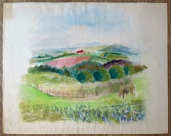 French Mid 20 Century Pastel Landscape of Rolling Hills with Horse and Red Barn