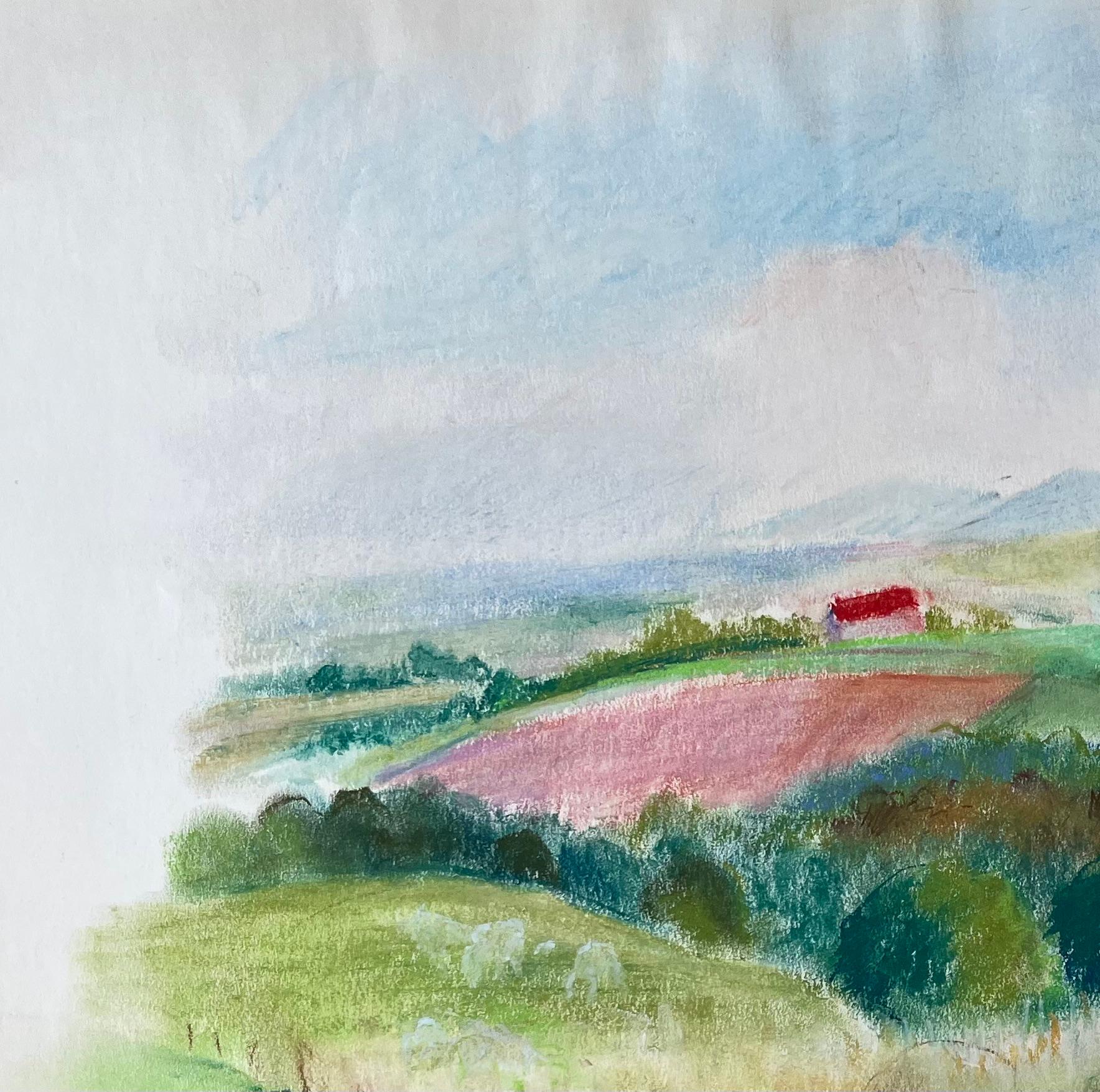 Paesaggio francese a pastello della metà del 20° secolo con Roll & Hill, cavallo e fienile rosso in vendita 1
