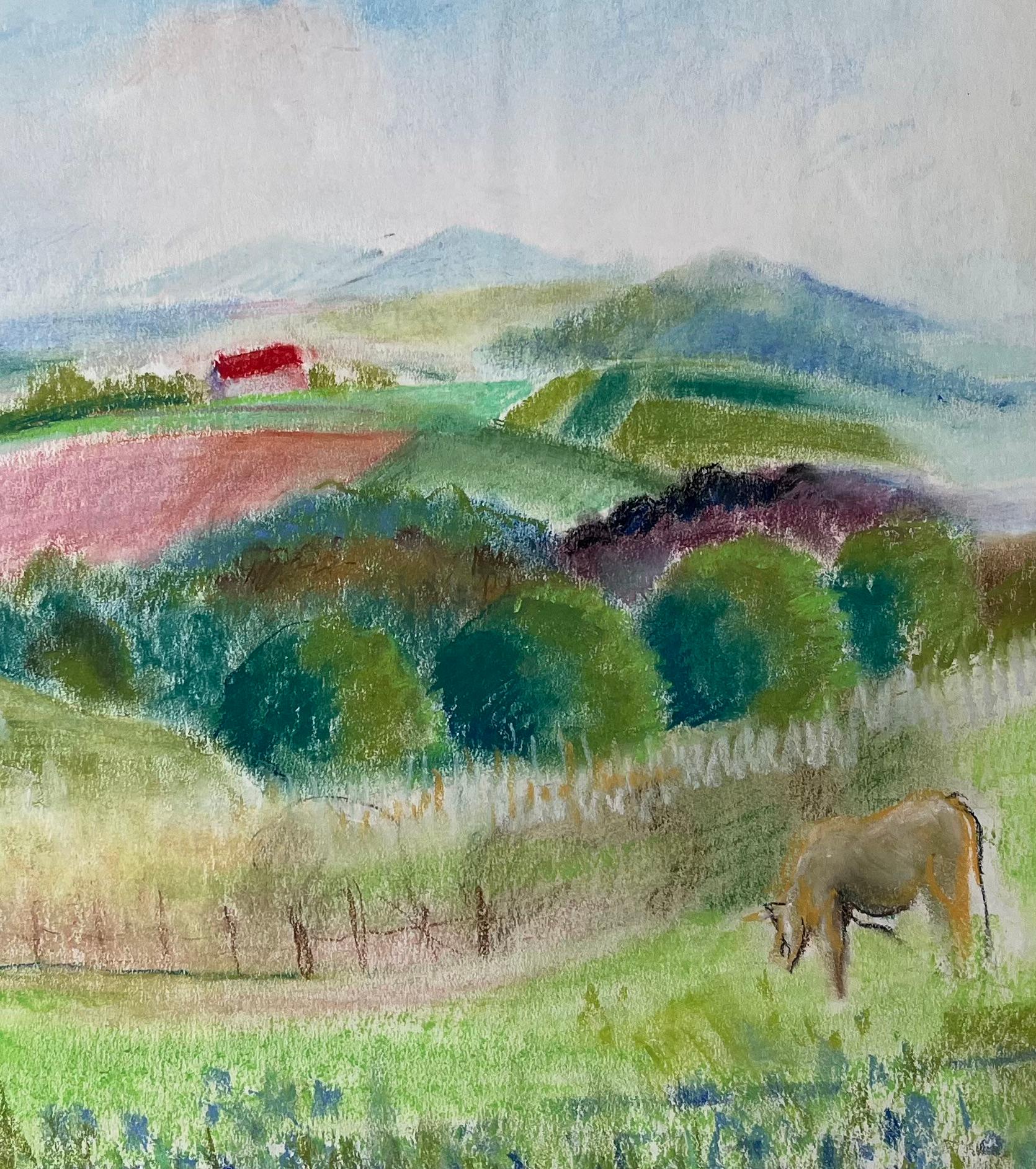 Paesaggio francese a pastello della metà del 20° secolo con Roll & Hill, cavallo e fienile rosso in vendita 2