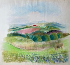 French Mid 20 Century Pastel Landscape of Rolling Hills with Horse and Red Barn