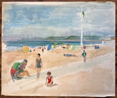 French Mid 20 Century Watercolor of Beachgoers and Parasols at a Seaside Resort
