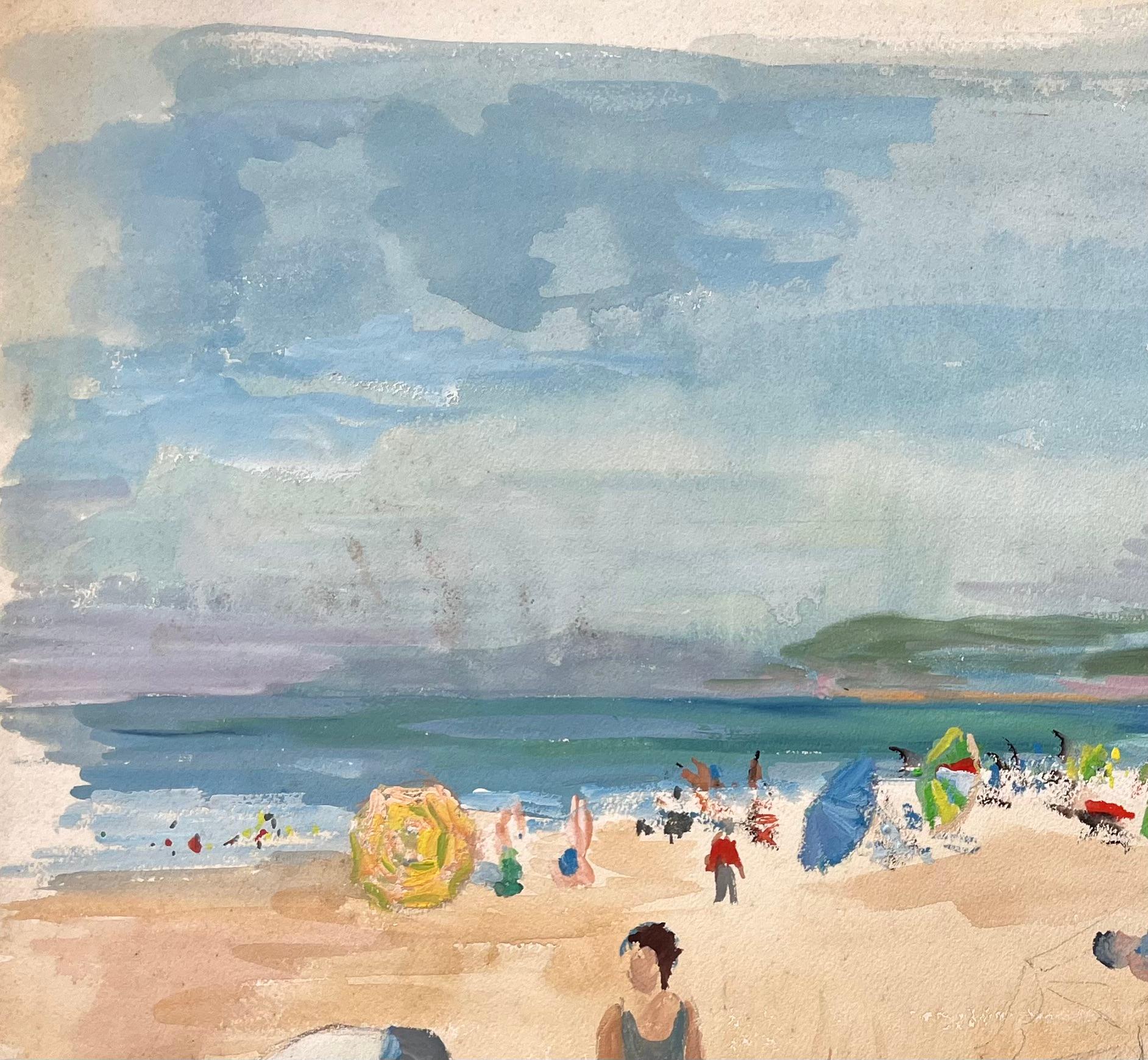 French Mid 20 Century Watercolor of Beachgoers and Parasols at a Seaside Resort - Gray Landscape Painting by Anne Marie Migette Perard